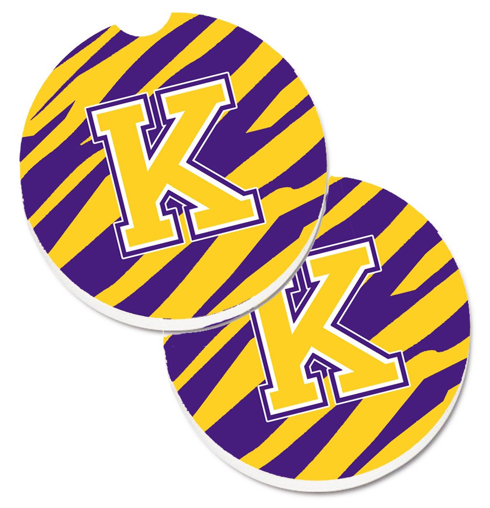 Letter K Monogram - Tiger Stripe - Purple Gold Set of 2 Cup Holder Car Coasters CJ1022-KCARC by Caroline's Treasures