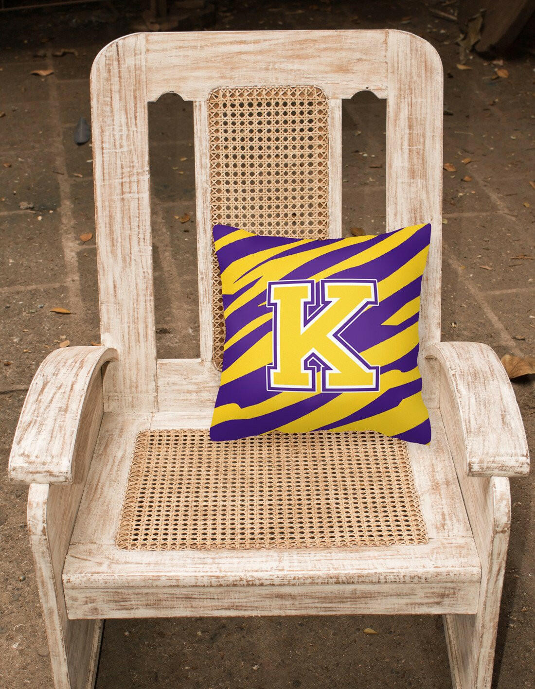 Monogram - Tiger Stripe - Purple Gold Decorative Canvas Fabric Pillow Initial K - the-store.com