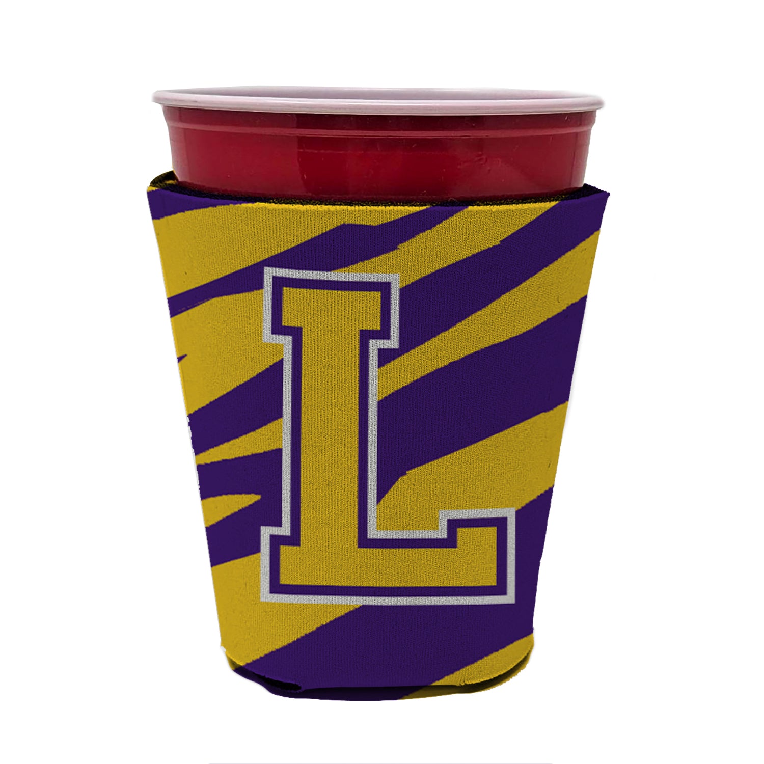 Tiger Stripe - Purple Gold Letter L Monogram Initial Red Cup Beverage Insulator Hugger  the-store.com.