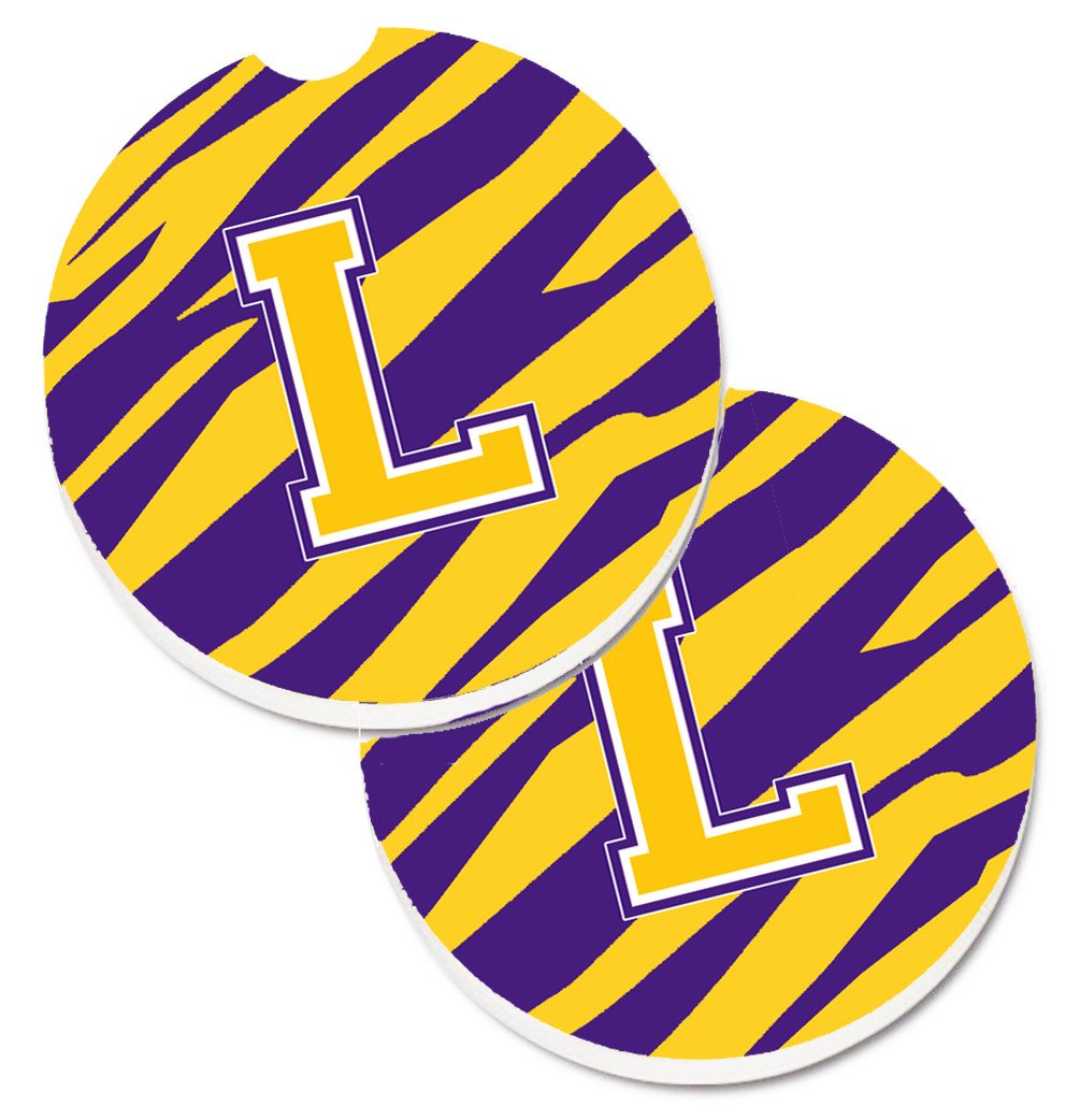 Letter L Monogram - Tiger Stripe - Purple Gold Set of 2 Cup Holder Car Coasters CJ1022-LCARC by Caroline&#39;s Treasures