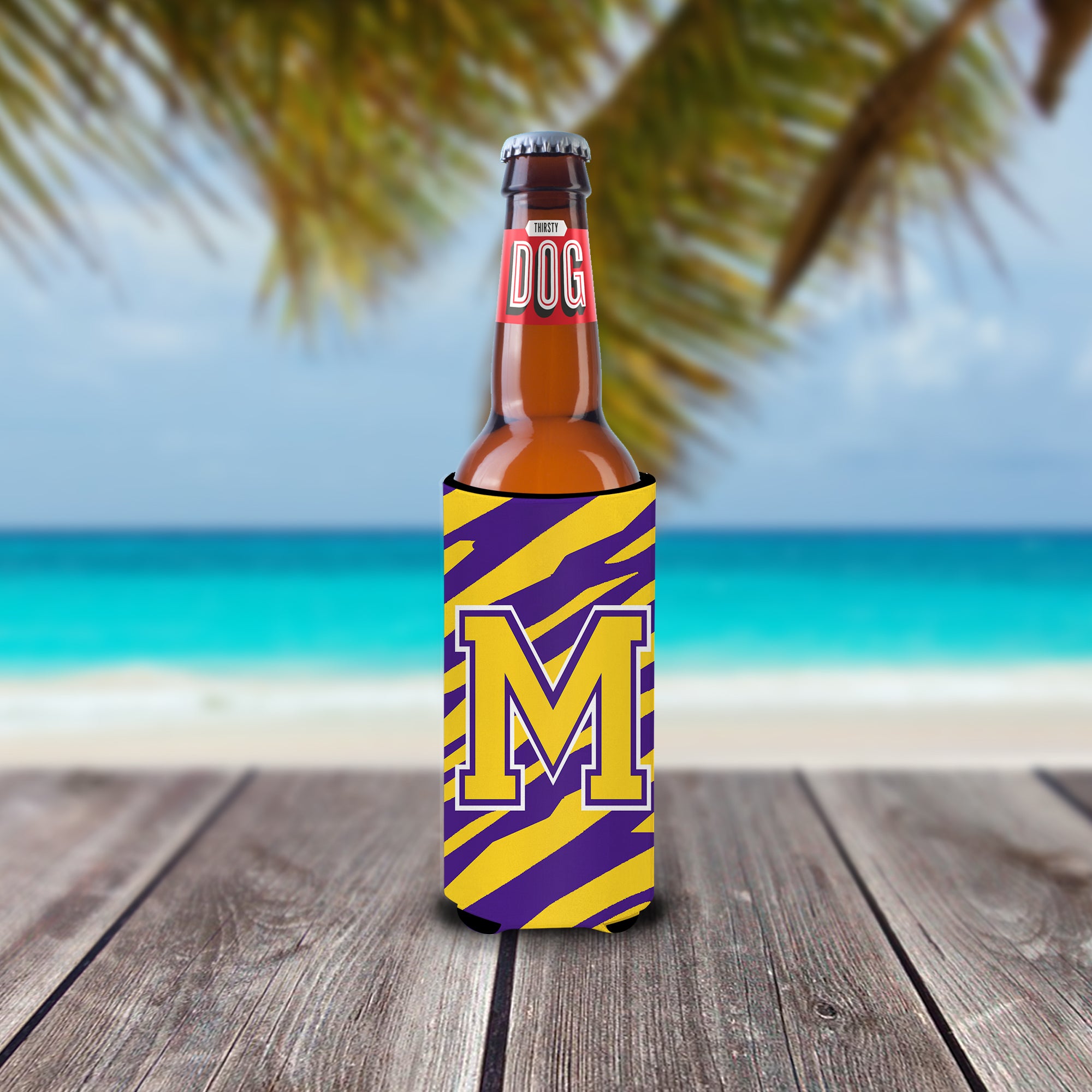 Monogram - Tiger Stripe - Purple Gold  Letter M Ultra Beverage Insulators for slim cans CJ1022-MMUK.