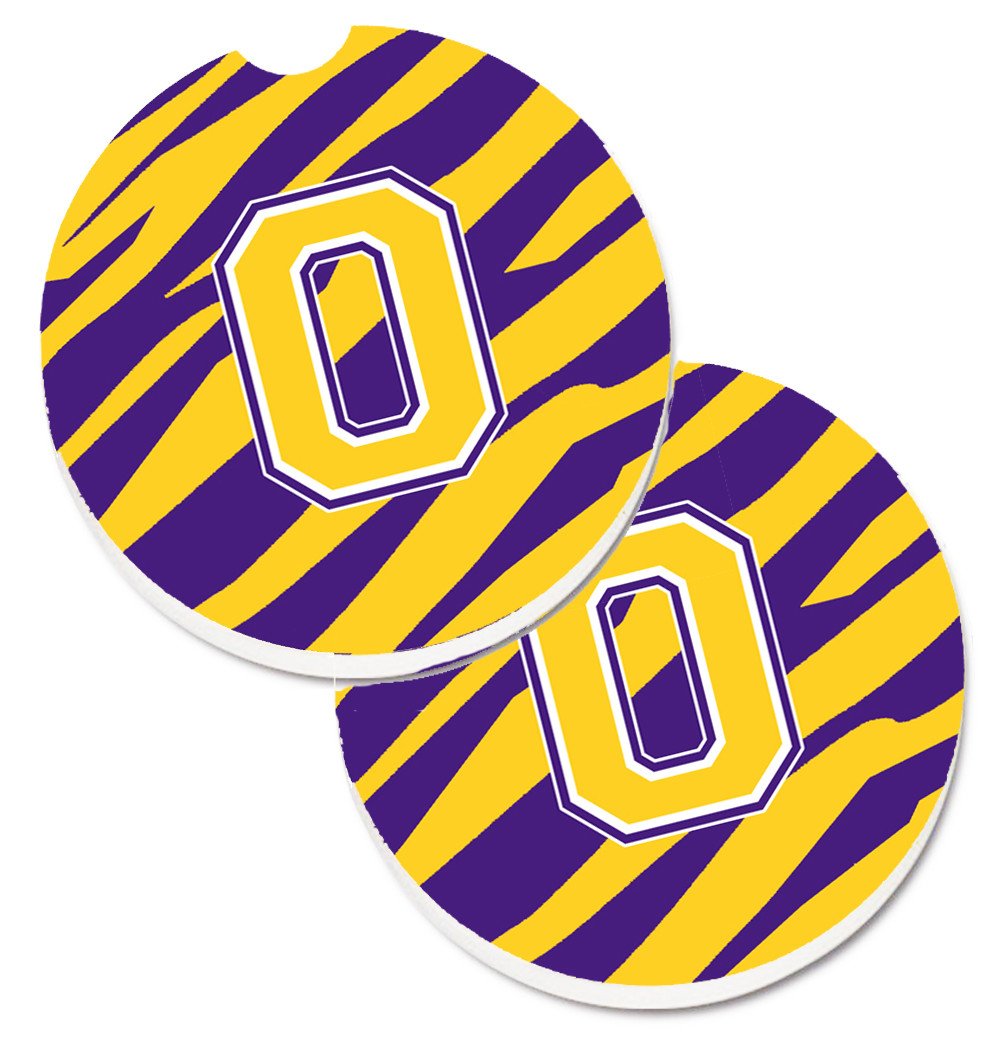 Letter O Monogram - Tiger Stripe - Purple Gold Set of 2 Cup Holder Car Coasters CJ1022-OCARC by Caroline's Treasures