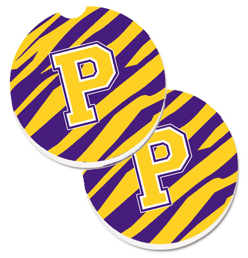 Letter P Monogram - Tiger Stripe - Purple Gold Set of 2 Cup Holder Car Coasters CJ1022-PCARC by Caroline&#39;s Treasures