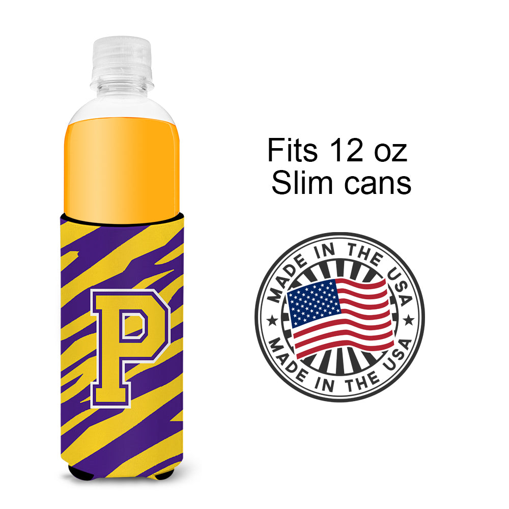 Monogram - Tiger Stripe - Purple Gold  Letter P Ultra Beverage Insulators for slim cans CJ1022-PMUK.