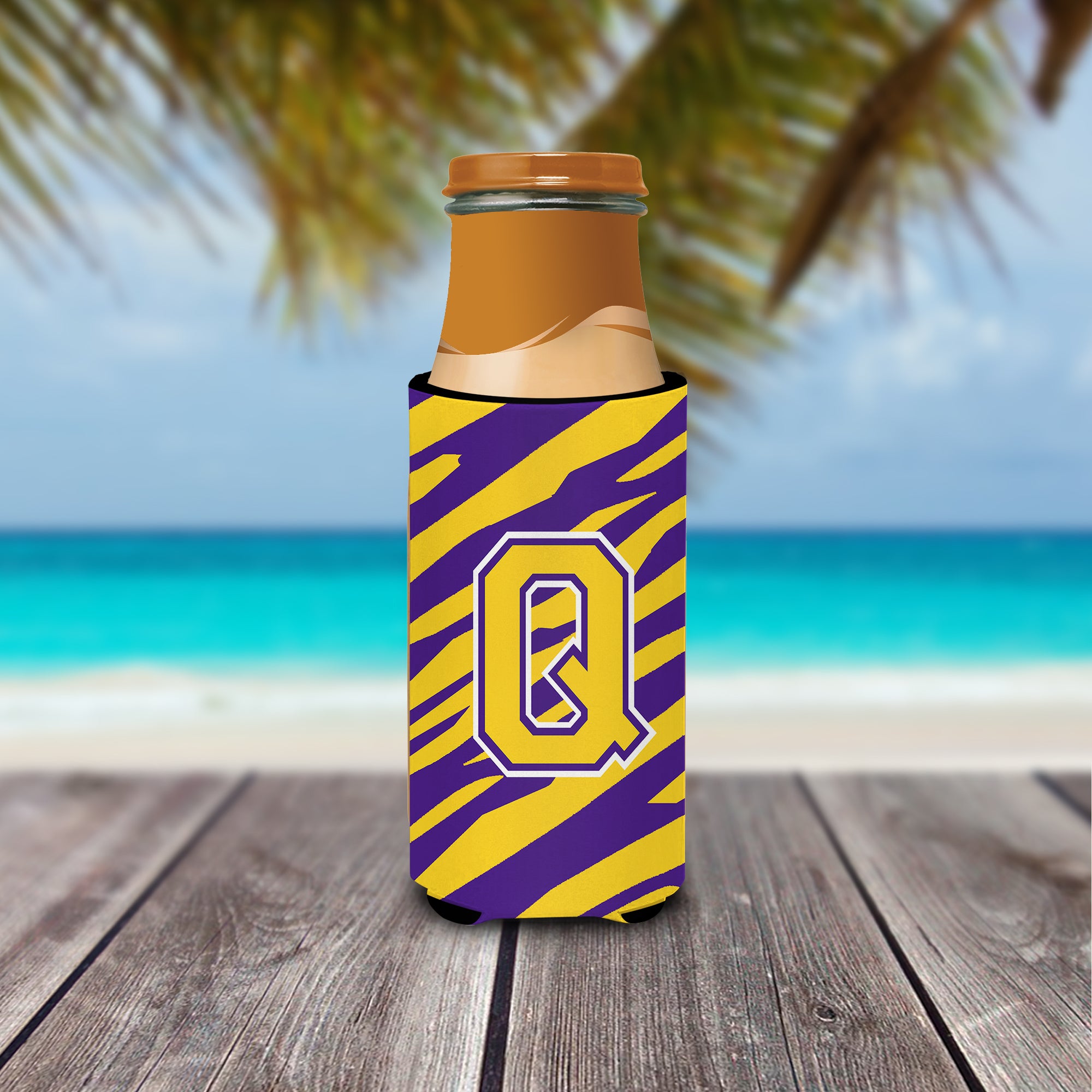 Monogram - Tiger Stripe - Purple Gold  Letter Q Ultra Beverage Insulators for slim cans CJ1022-QMUK.