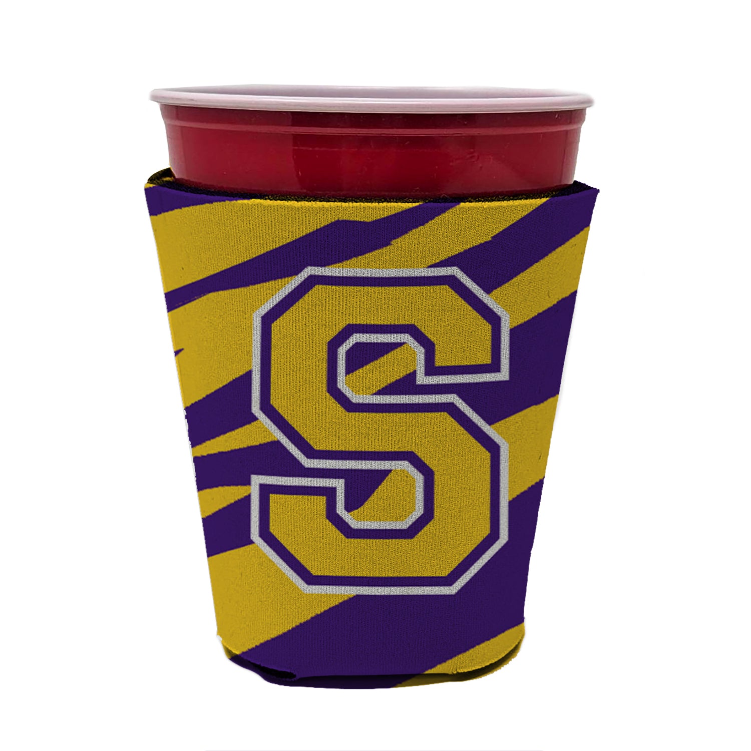 Tiger Stripe - Purple Gold Letter S Monogram Initial Red Cup Beverage Insulator Hugger  the-store.com.