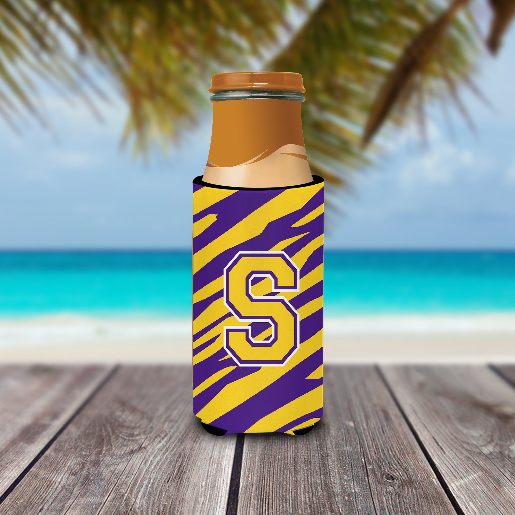 Monogram - Tiger Stripe - Purple Gold  Letter S Ultra Beverage Insulators for slim cans CJ1022-SMUK.