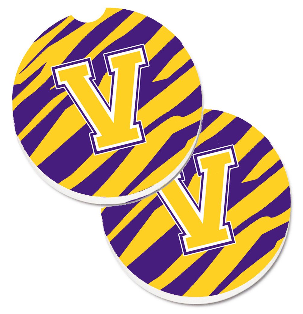 Letter V Monogram - Tiger Stripe - Purple Gold Set of 2 Cup Holder Car Coasters CJ1022-VCARC by Caroline&#39;s Treasures