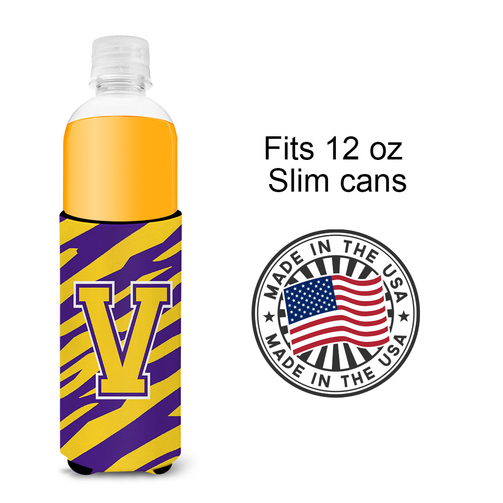 Monogram - Tiger Stripe - Purple Gold  Letter V Ultra Beverage Insulators for slim cans CJ1022-VMUK.