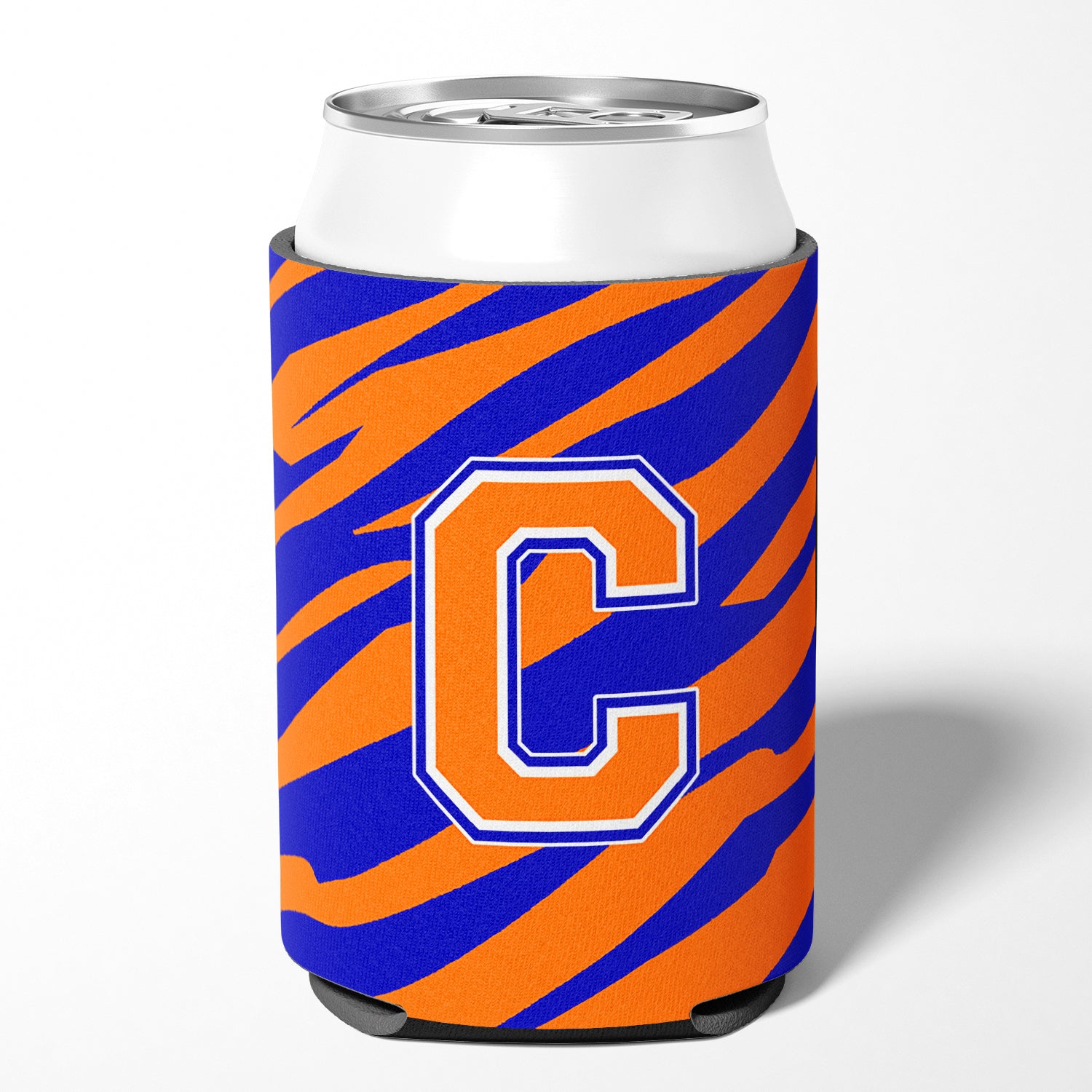 Letter C Initial Monogram Tiger Stripe Blue Orange Can or Bottle Beverage Insulator Hugger.