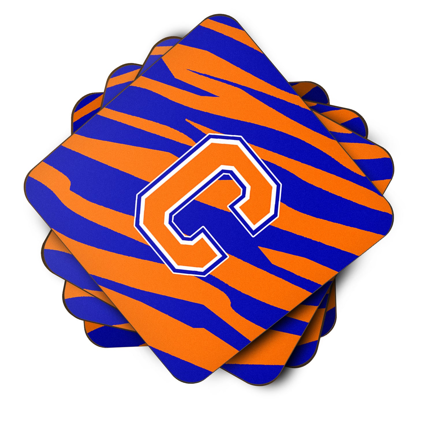 Set of 4 Monogram - Tiger Stripe - Blue Orange Foam Coasters Initial Letter C - the-store.com