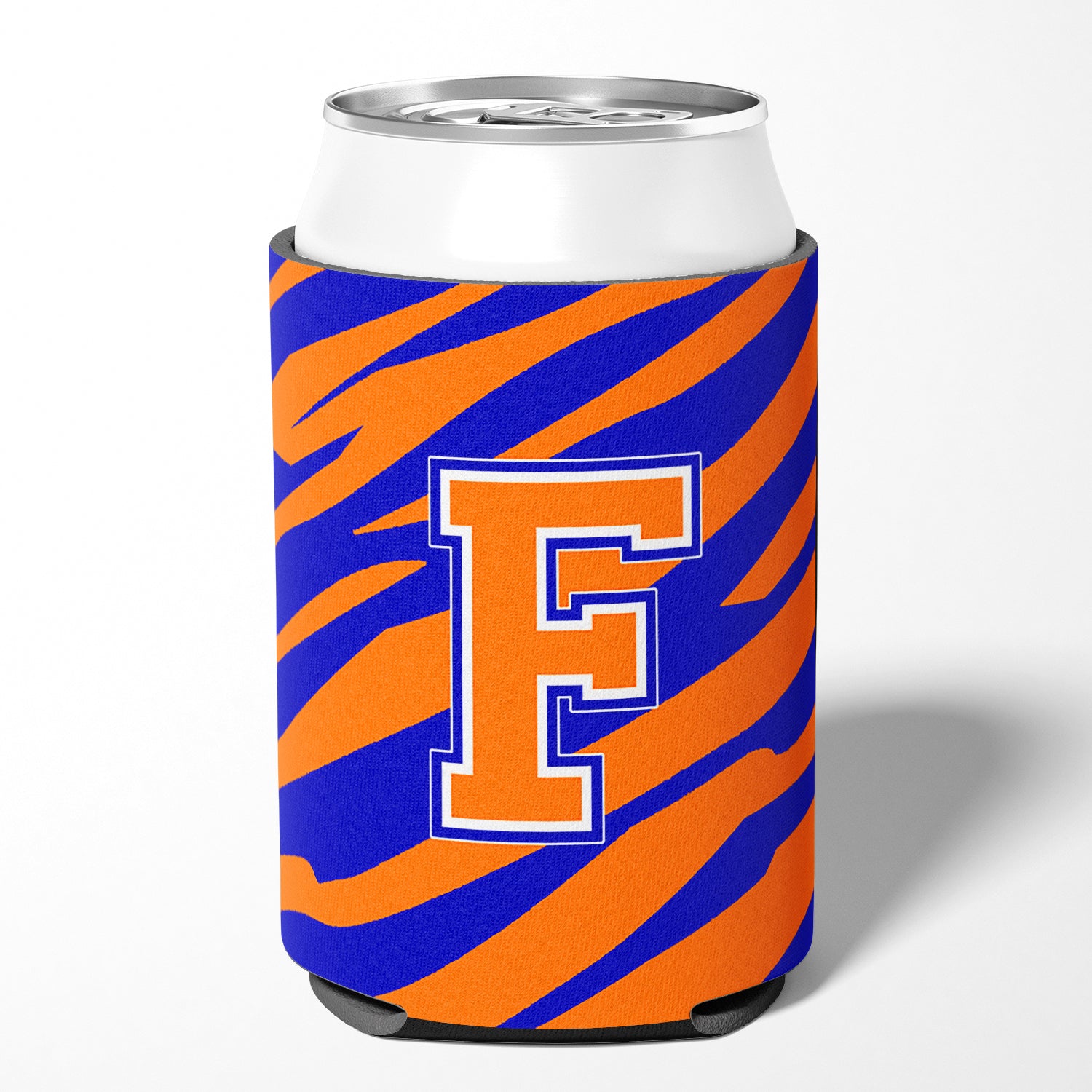 Letter F Initial Monogram Tiger Stripe Blue Orange Can or Bottle Beverage Insulator Hugger.