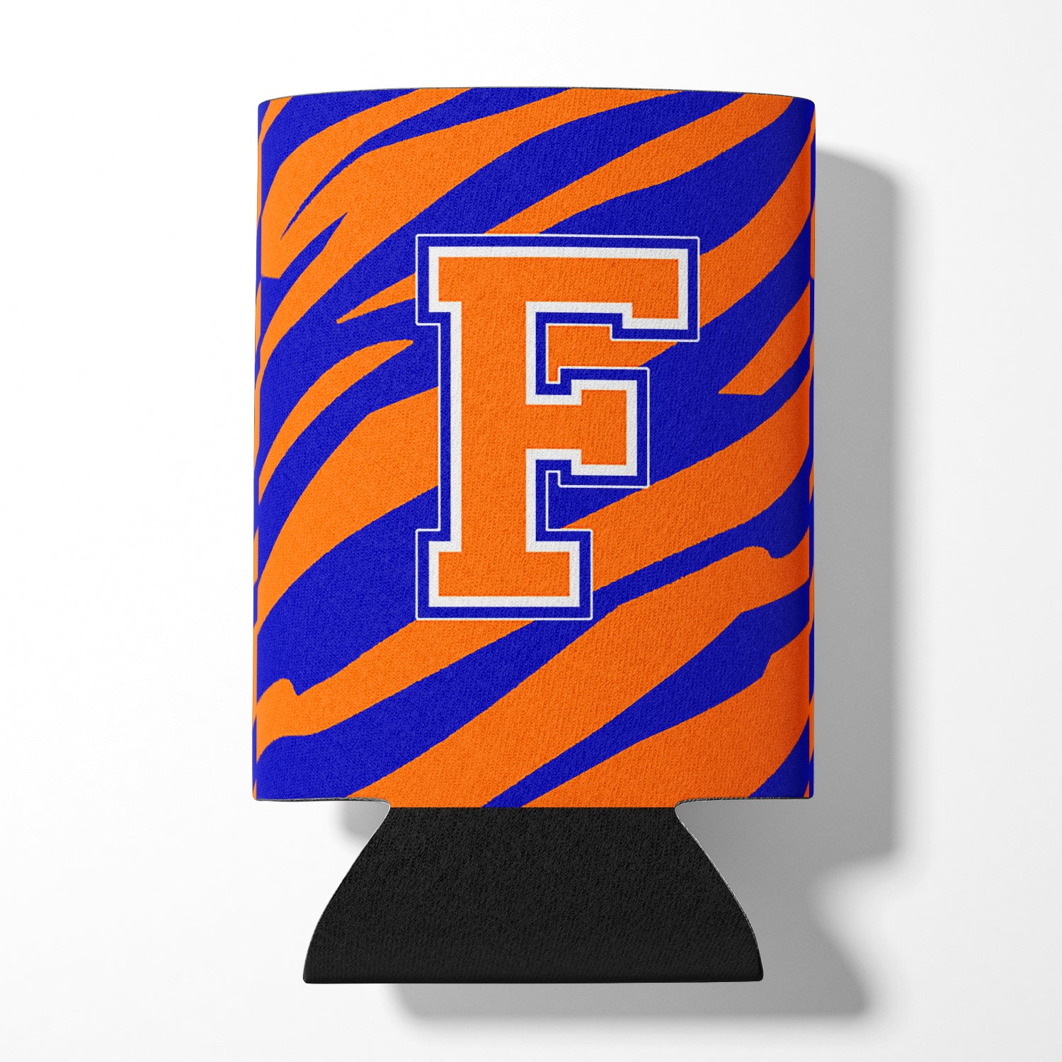 Letter F Initial Monogram Tiger Stripe Blue Orange Can or Bottle Beverage Insulator Hugger.