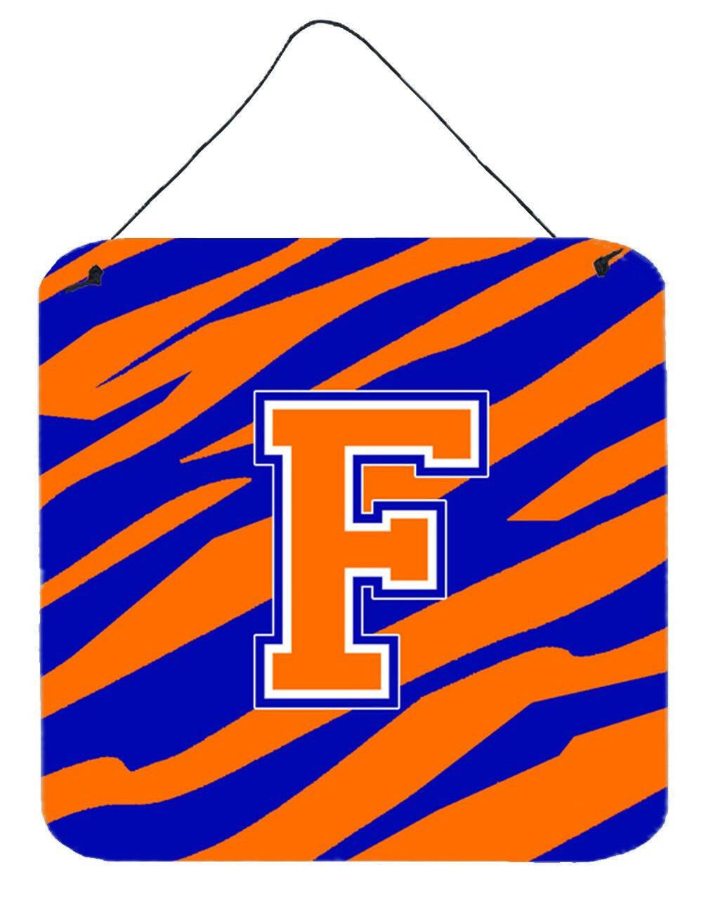 Letter F Initial Tiger Stripe - Blue Orange  Wall or Door Hanging Prints by Caroline's Treasures