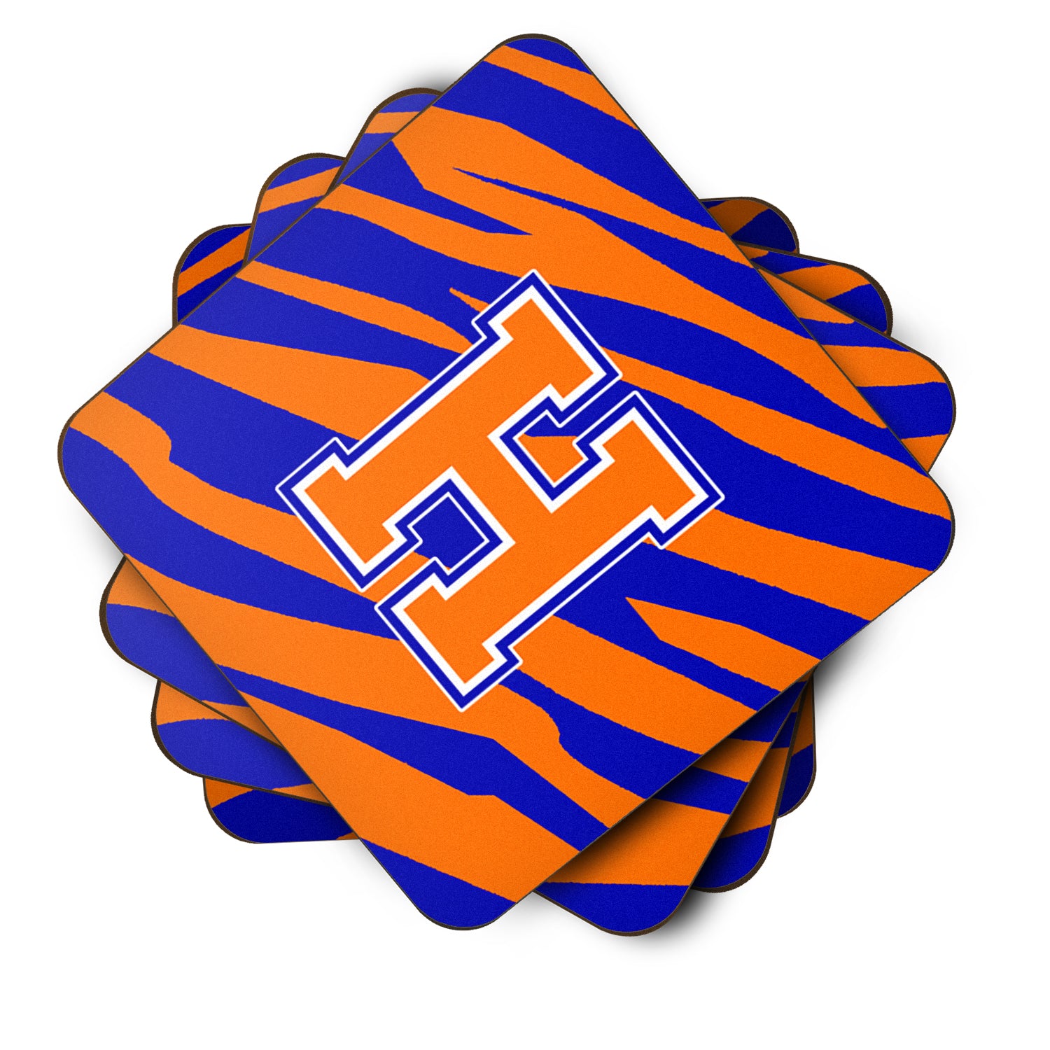 Set of 4 Monogram - Tiger Stripe - Blue Orange Foam Coasters Initial Letter H - the-store.com