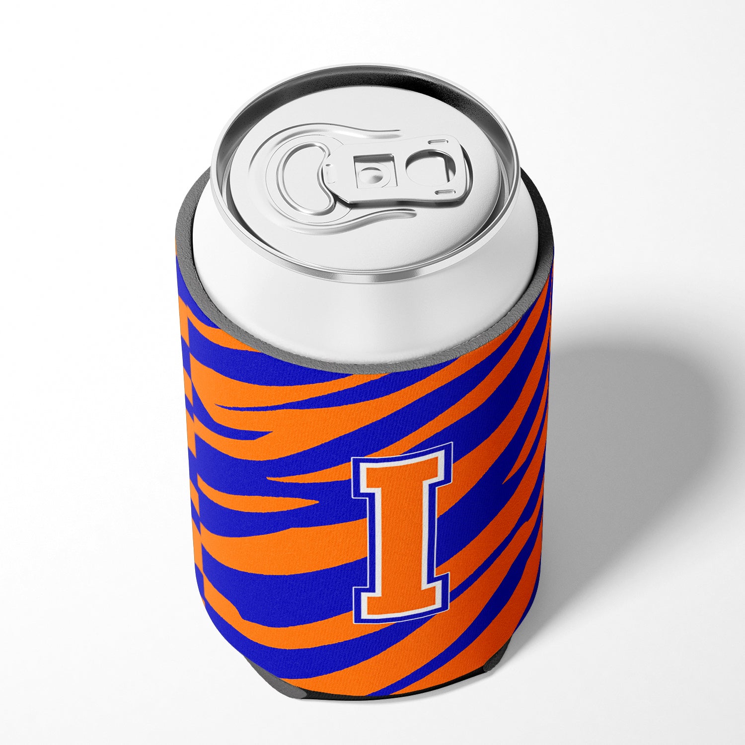 Letter I Initial Monogram Tiger Stripe Blue Orange Can or Bottle Beverage Insulator Hugger.