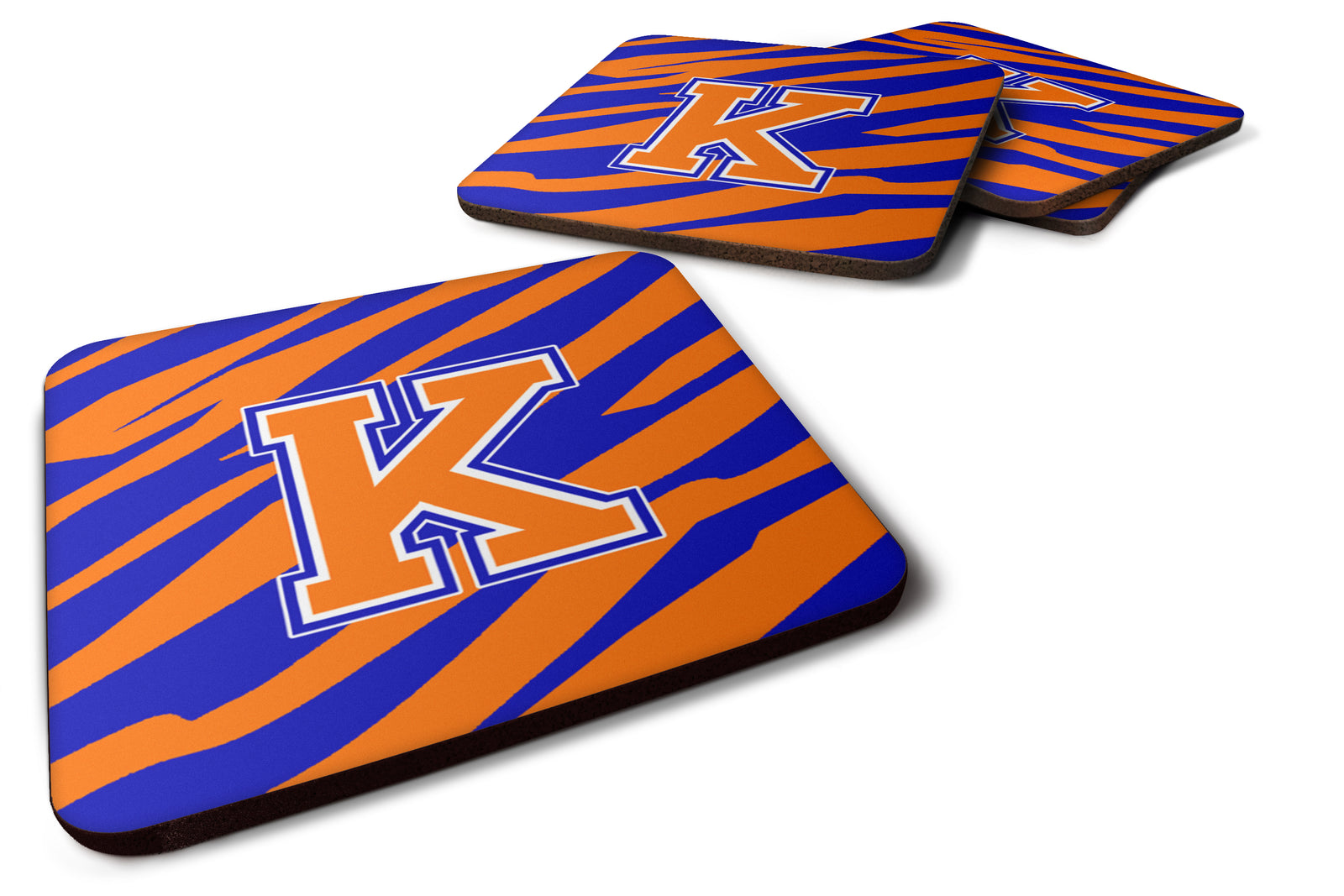 Set of 4 Monogram - Tiger Stripe - Blue Orange Foam Coasters Initial Letter K - the-store.com