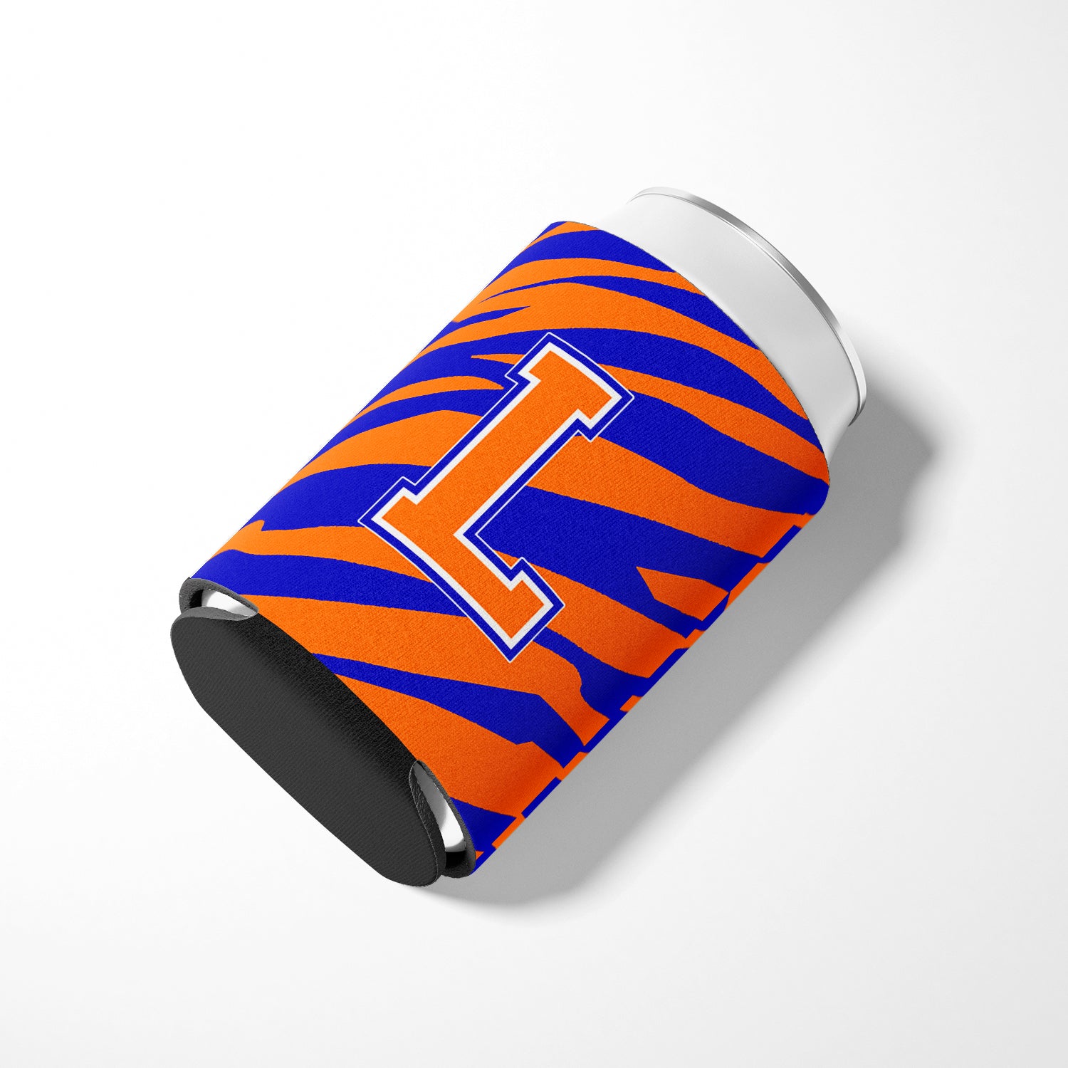 Letter L Initial Monogram Tiger Stripe Blue Orange Can or Bottle Beverage Insulator Hugger.