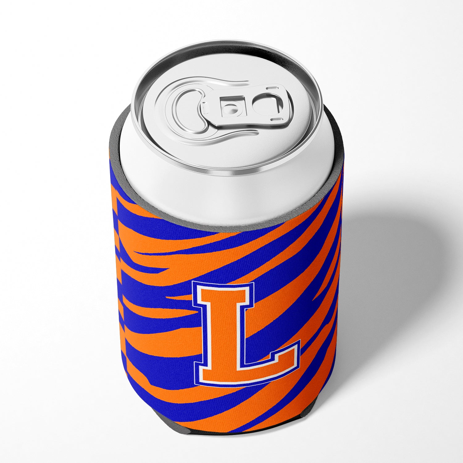 Letter L Initial Monogram Tiger Stripe Blue Orange Can or Bottle Beverage Insulator Hugger.