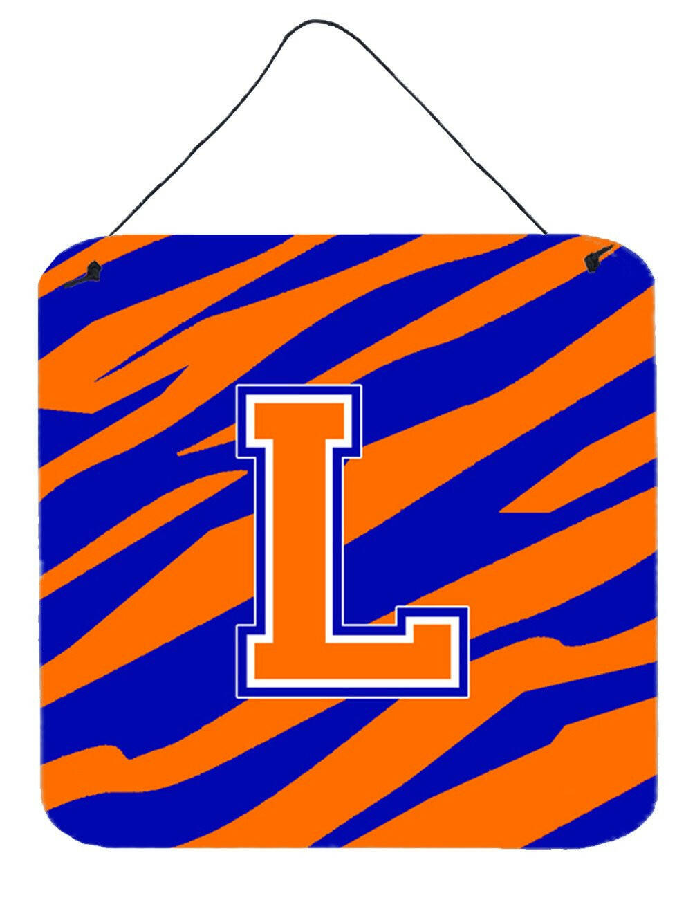 Letter L Initial Tiger Stripe - Blue Orange  Wall or Door Hanging Prints by Caroline's Treasures