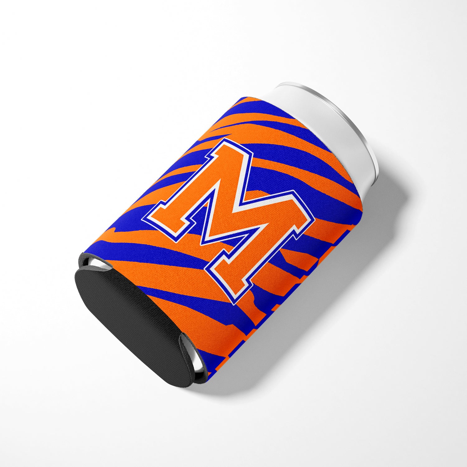 Letter M Initial Monogram Tiger Stripe Blue Orange Can or Bottle Beverage Insulator Hugger.