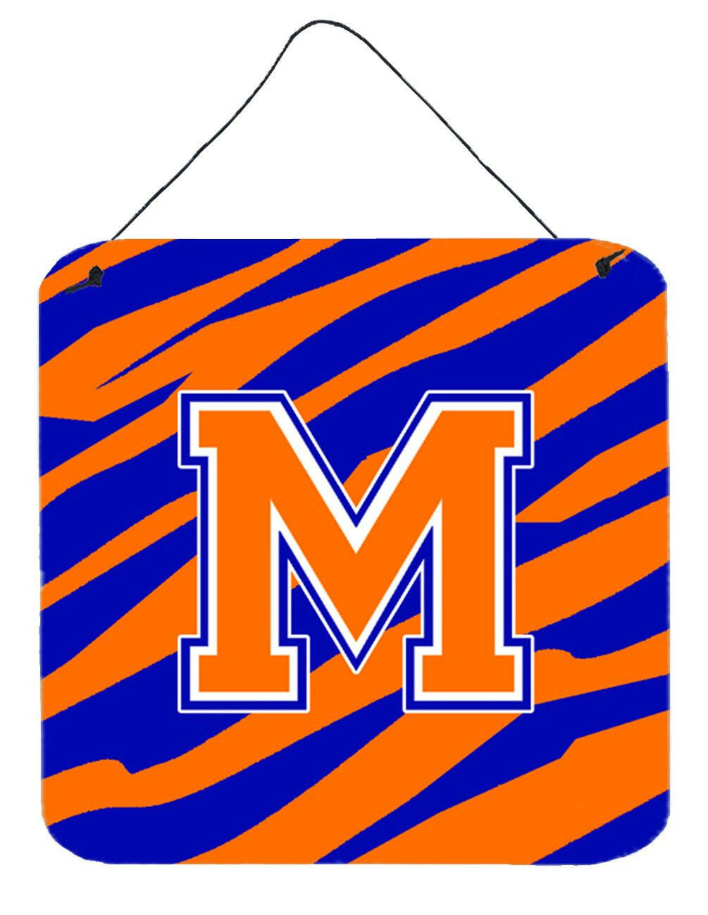 Letter M Initial Tiger Stripe - Blue Orange  Wall or Door Hanging Prints by Caroline&#39;s Treasures