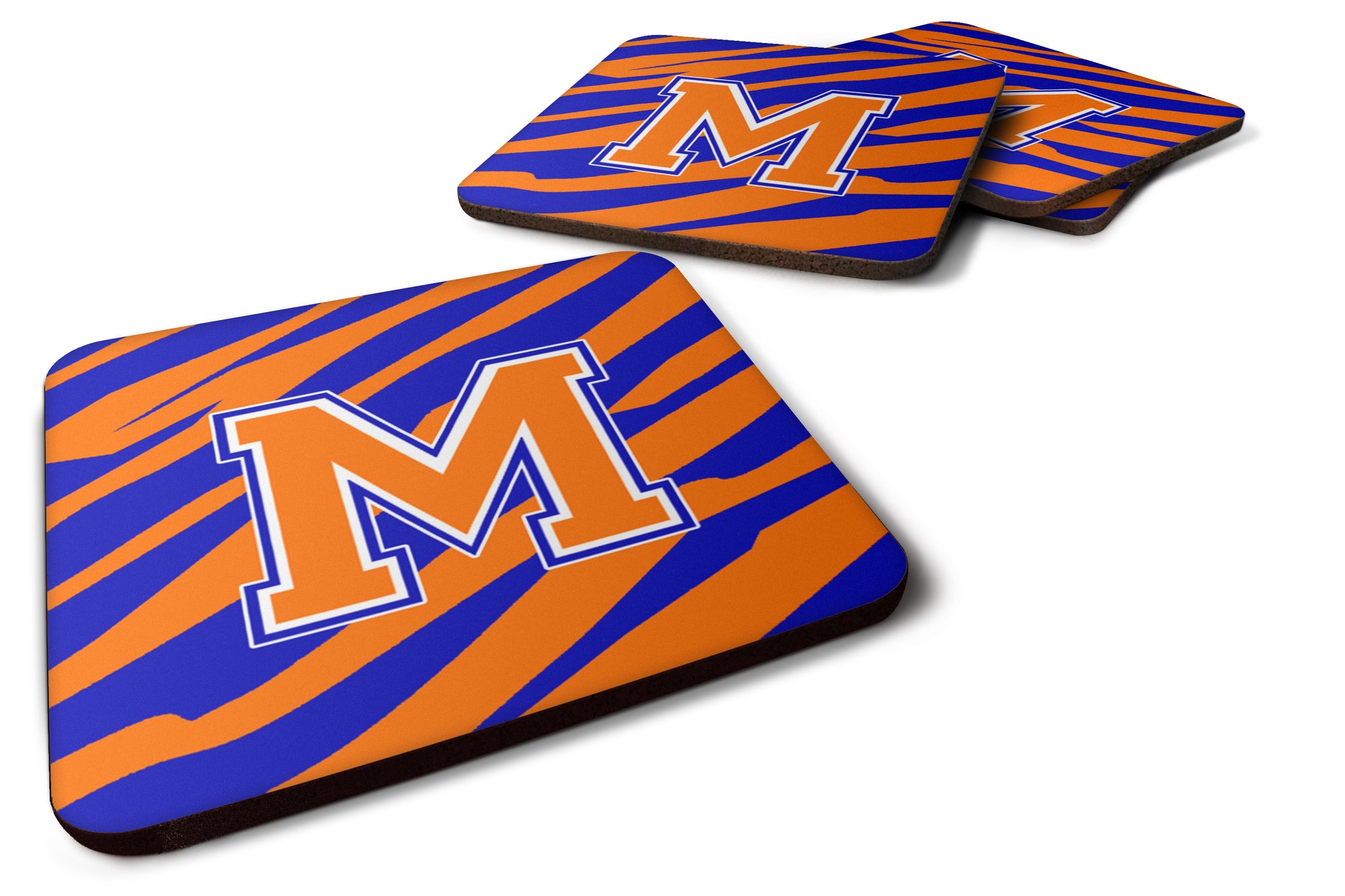 Set of 4 Monogram - Tiger Stripe - Blue Orange Foam Coasters Initial Letter M - the-store.com