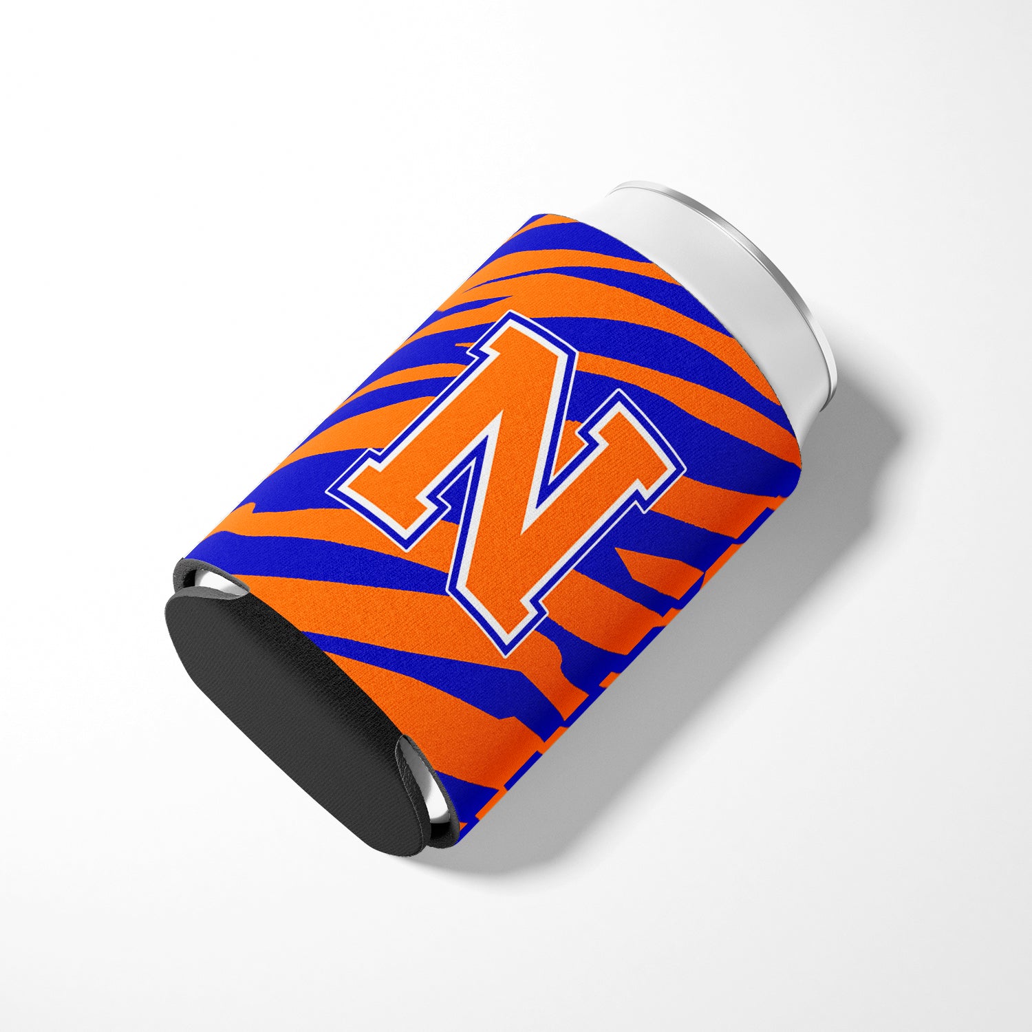 Letter N Initial Monogram Tiger Stripe Blue Orange Can or Bottle Beverage Insulator Hugger.