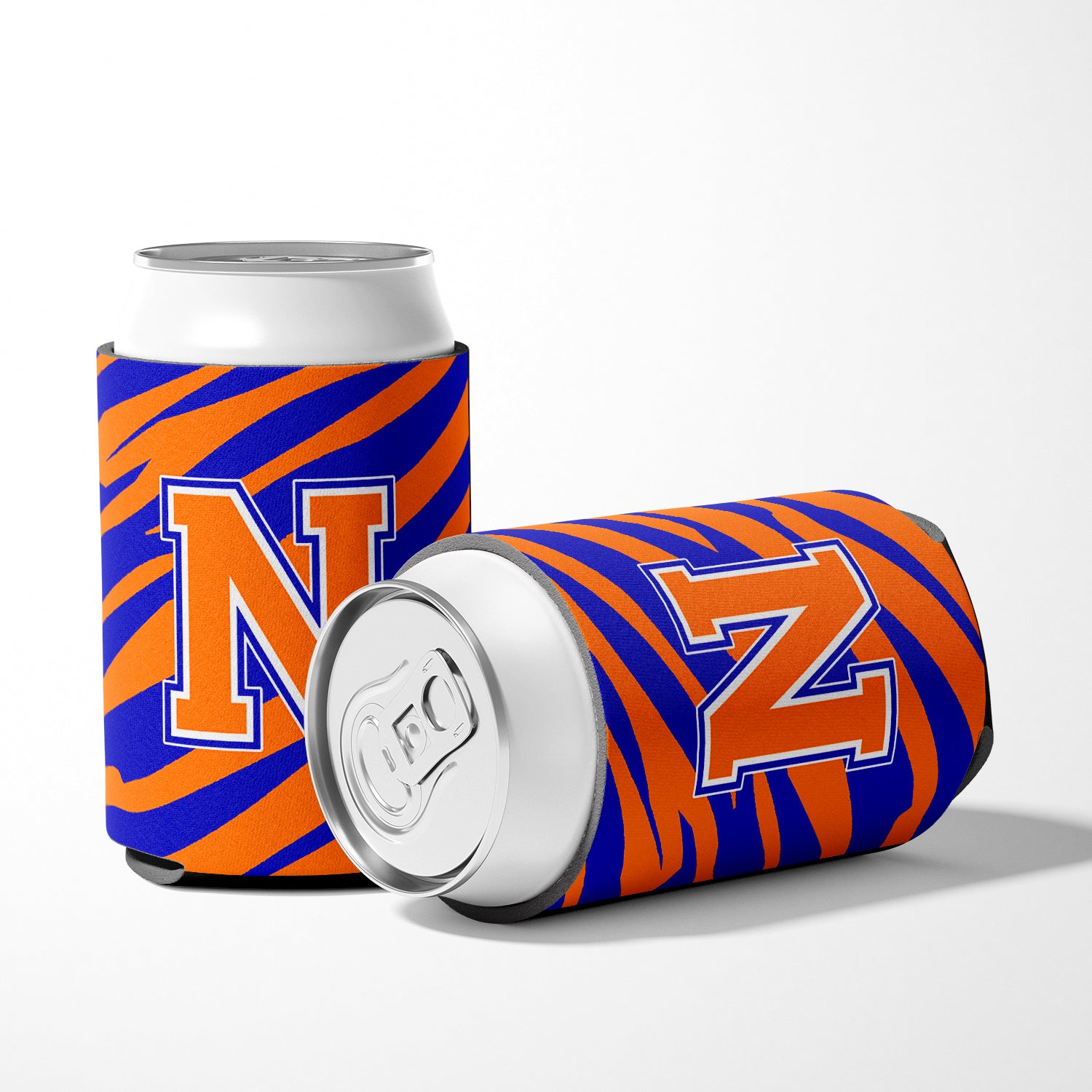 Letter N Initial Monogram Tiger Stripe Blue Orange Can or Bottle Beverage Insulator Hugger.