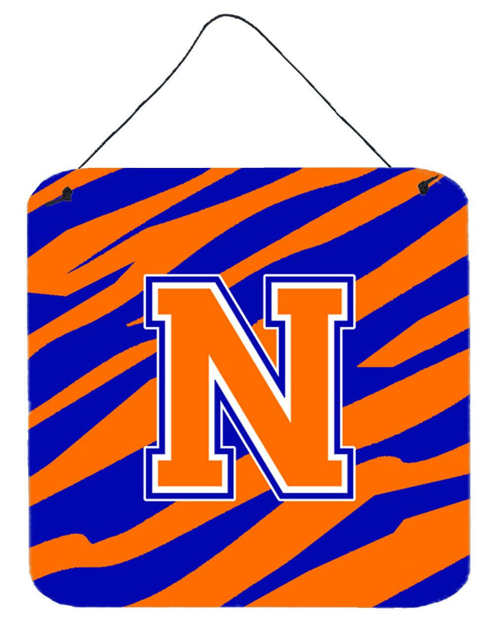 Letter N Initial Tiger Stripe - Blue Orange  Wall or Door Hanging Prints by Caroline&#39;s Treasures