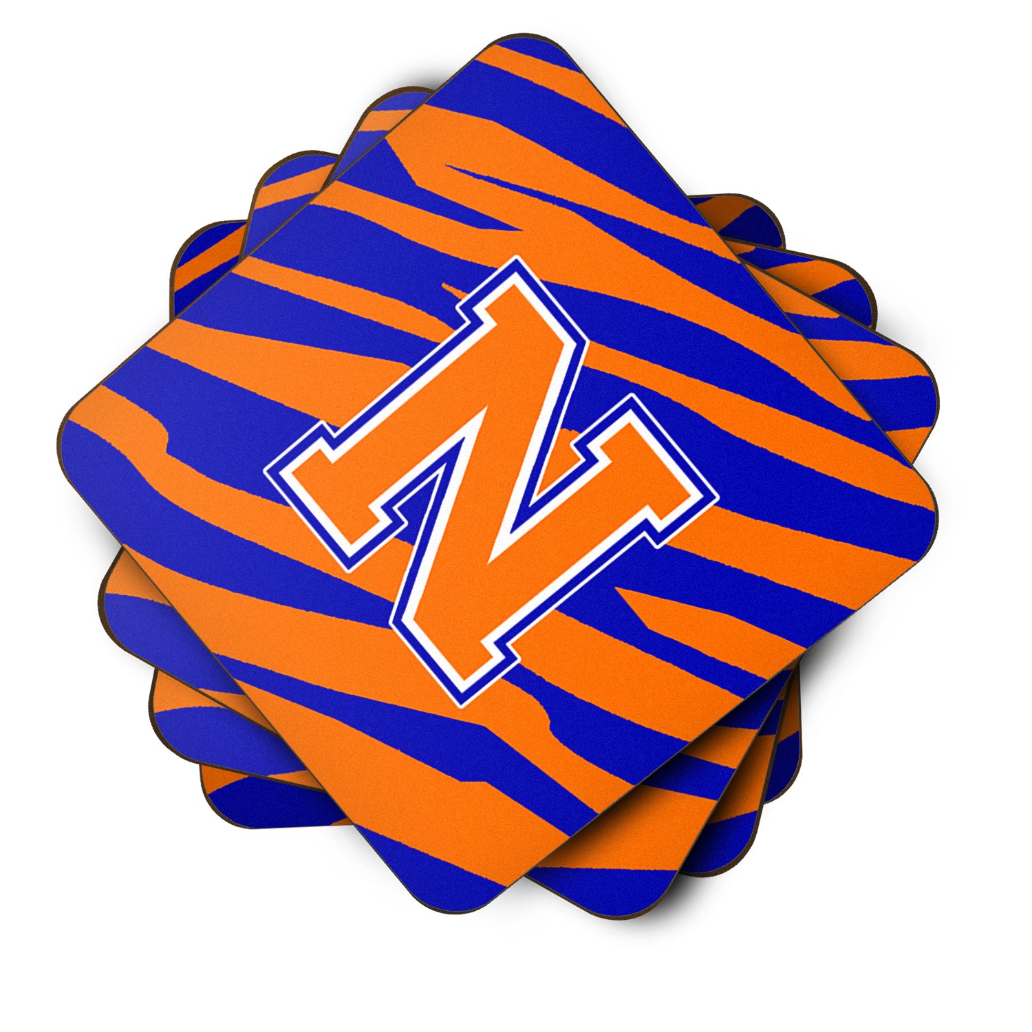 Set of 4 Monogram - Tiger Stripe - Blue Orange Foam Coasters Initial Letter N - the-store.com