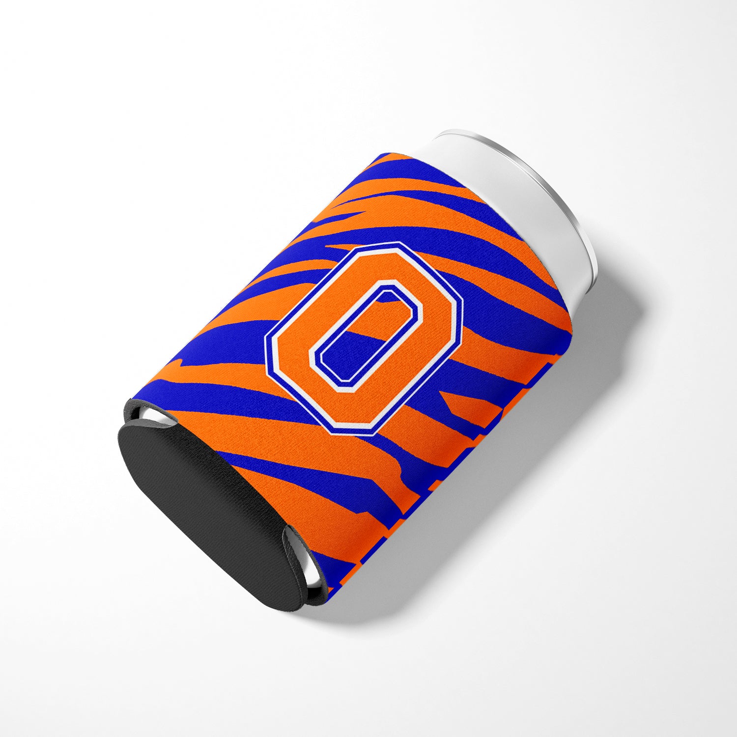 Letter O Initial Monogram Tiger Stripe Blue Orange Can or Bottle Beverage Insulator Hugger.