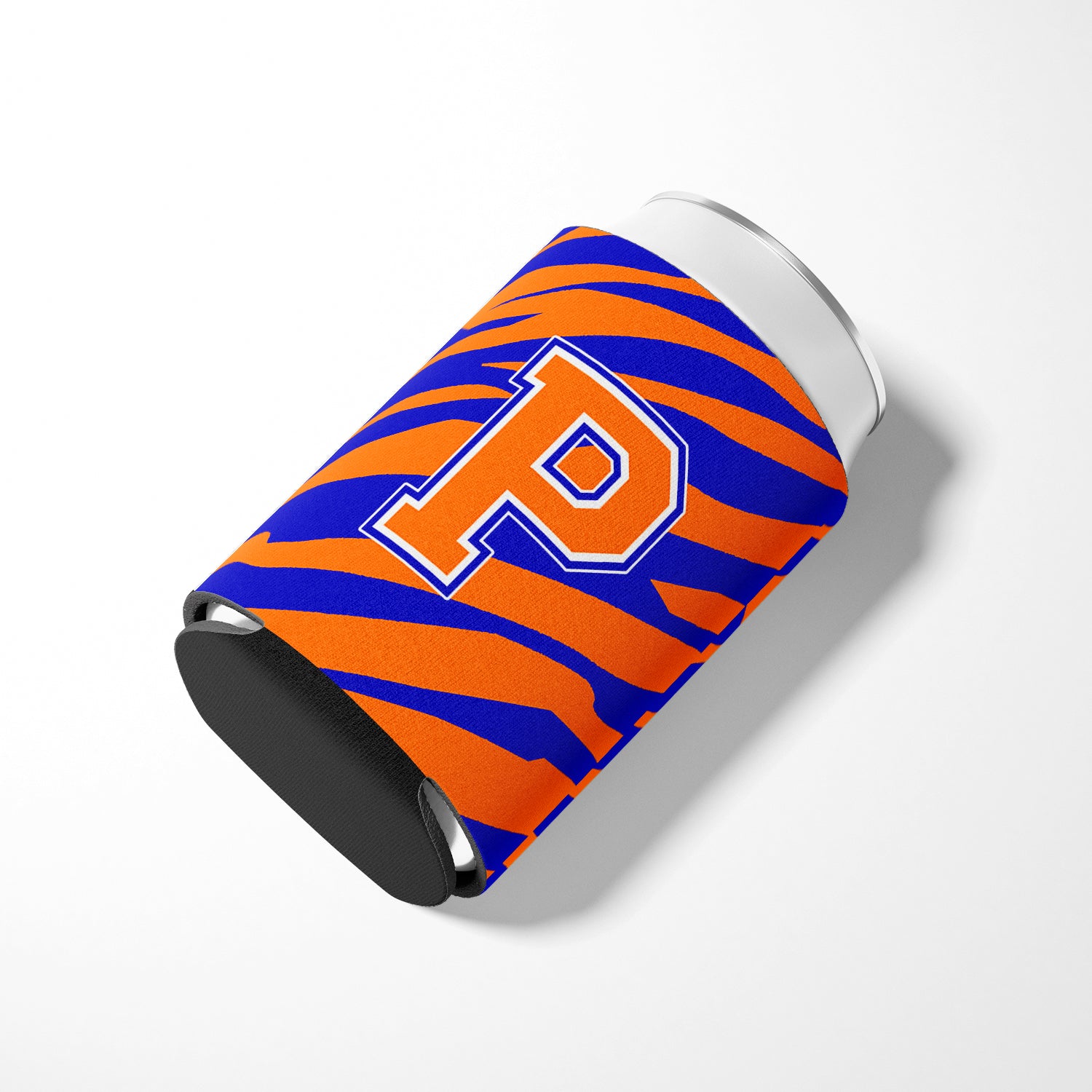 Letter P Initial Monogram Tiger Stripe Blue Orange Can or Bottle Beverage Insulator Hugger.