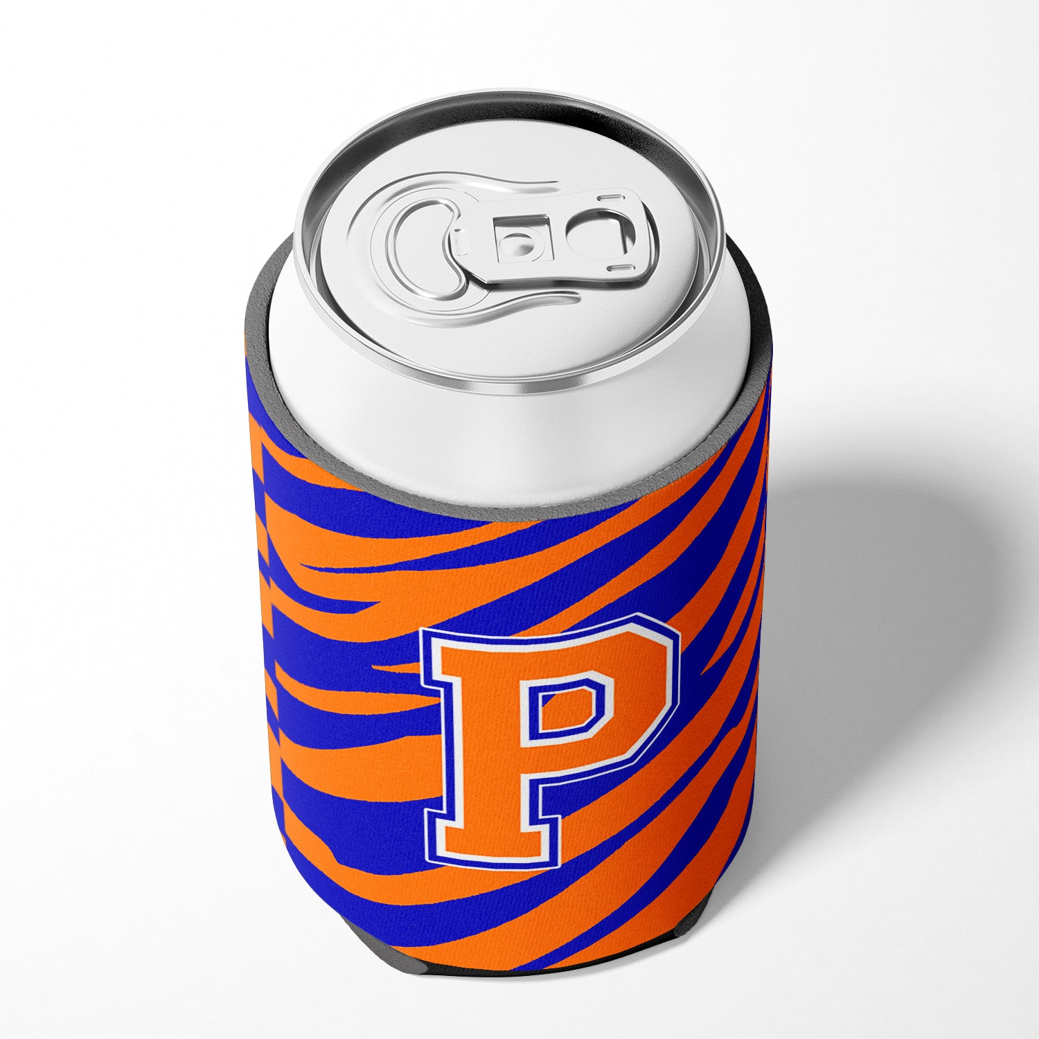 Letter P Initial Monogram Tiger Stripe Blue Orange Can or Bottle Beverage Insulator Hugger.