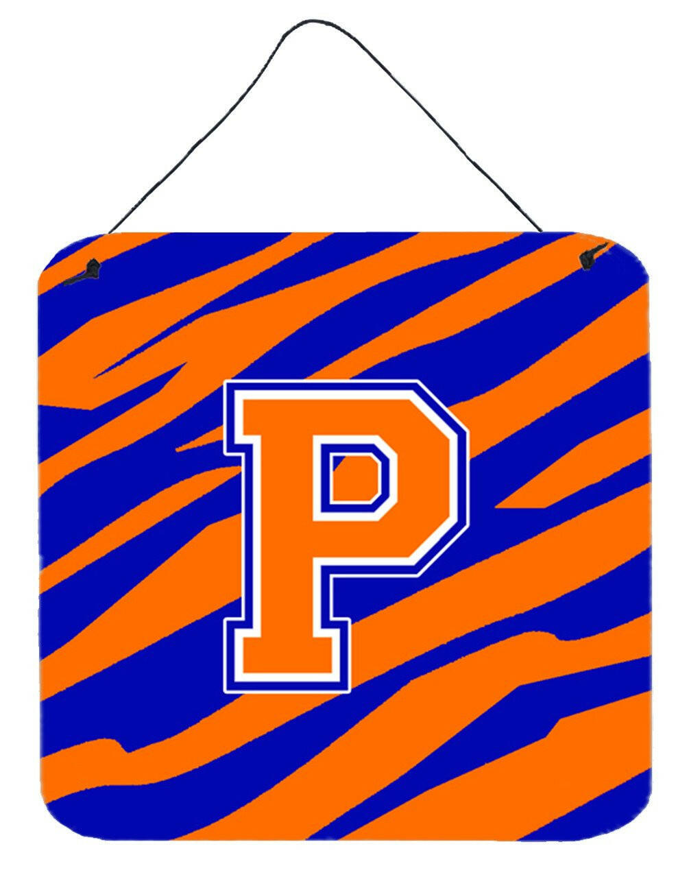 Letter P Initial Tiger Stripe - Blue Orange  Wall or Door Hanging Prints by Caroline's Treasures