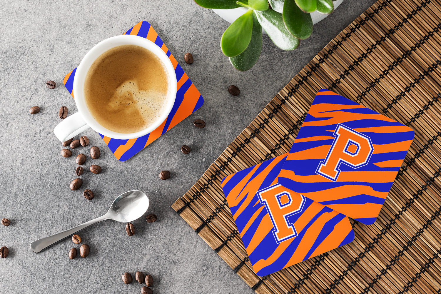 Set of 4 Monogram - Tiger Stripe - Blue Orange Foam Coasters Initial Letter P - the-store.com