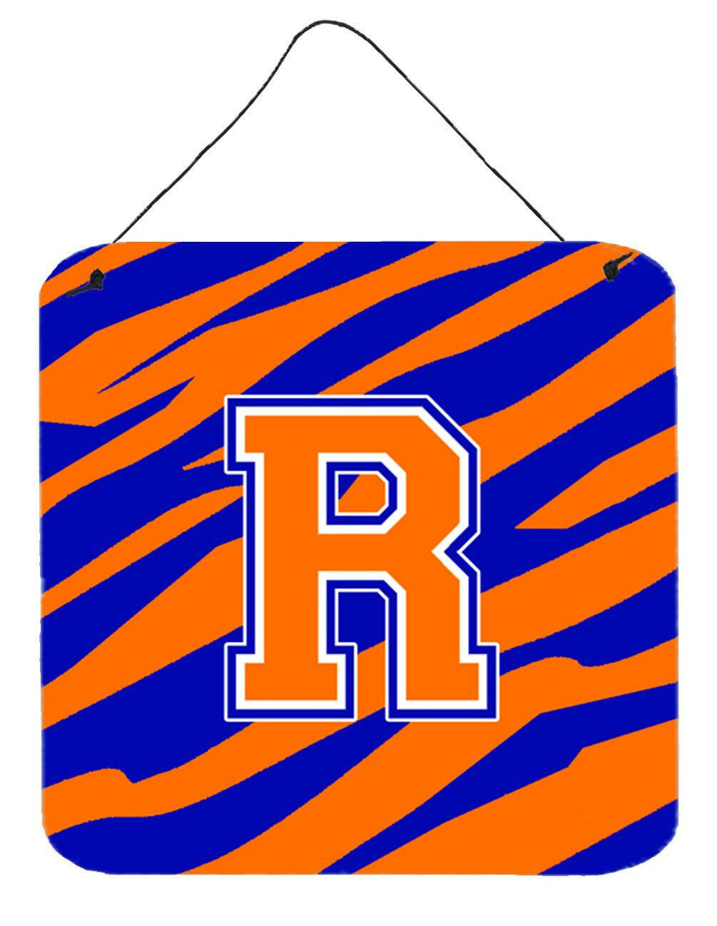 Letter R Initial Tiger Stripe - Blue Orange  Wall or Door Hanging Prints by Caroline's Treasures