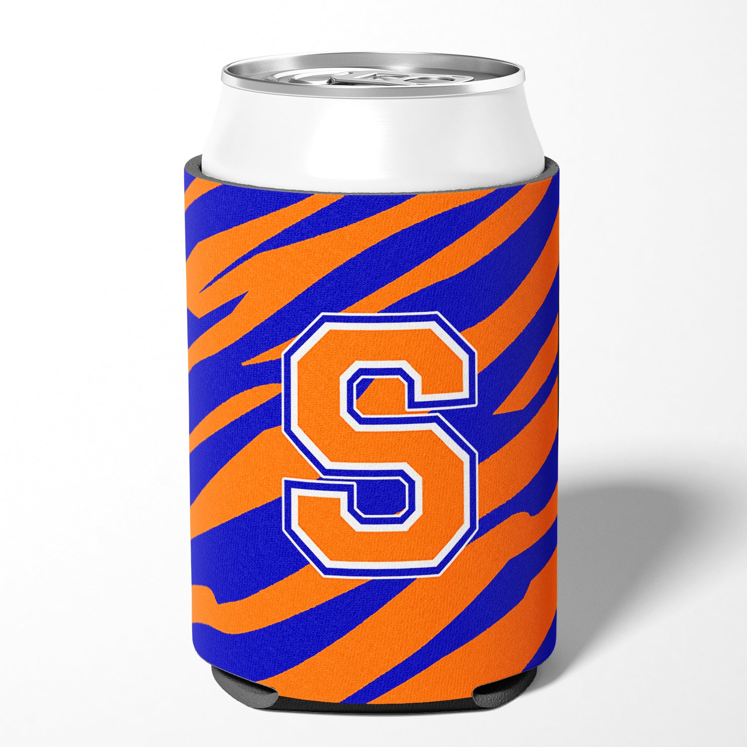 Letter S Initial Monogram Tiger Stripe Blue Orange Can or Bottle Beverage Insulator Hugger.