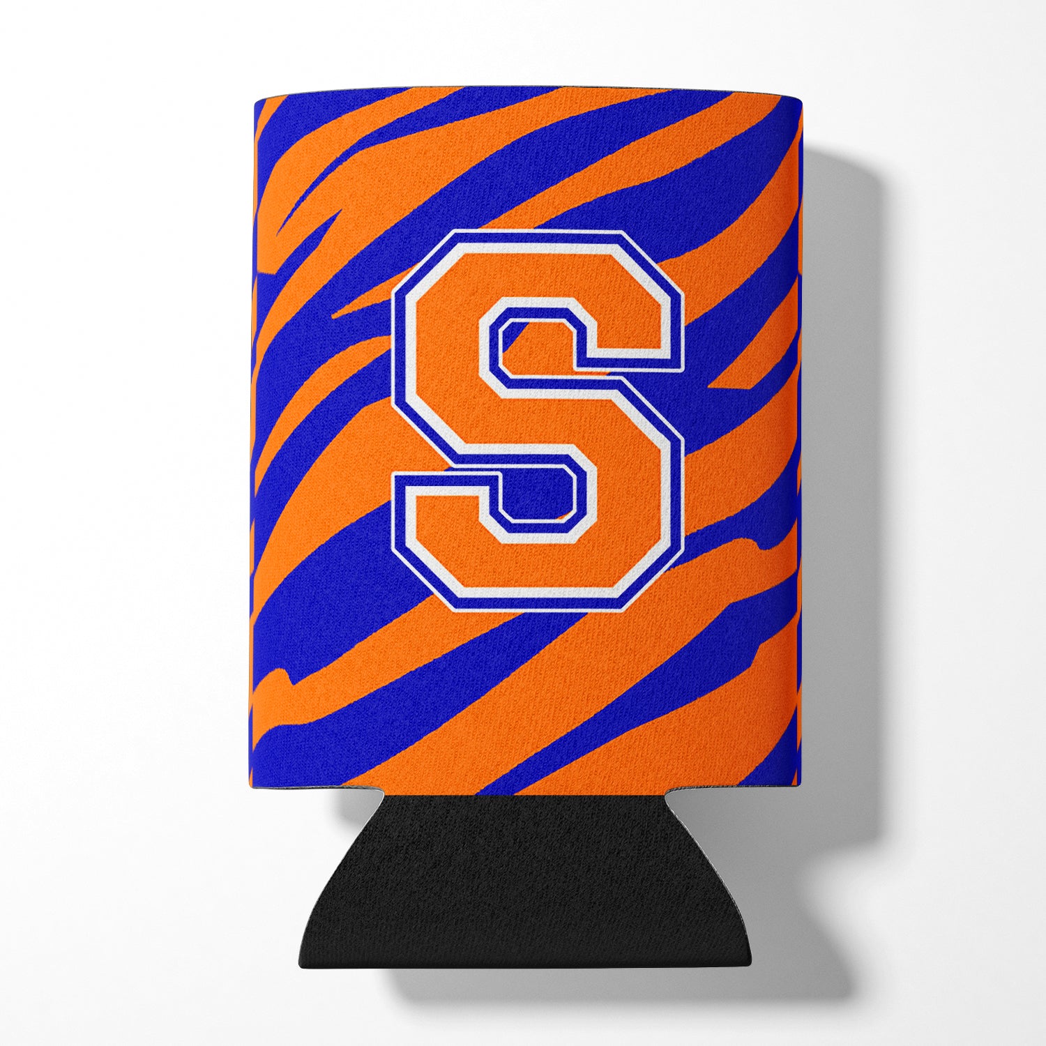 Letter S Initial Monogram Tiger Stripe Blue Orange Can or Bottle Beverage Insulator Hugger.