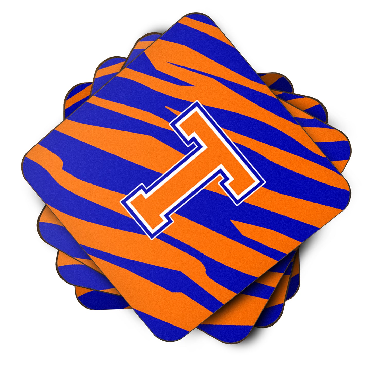 Set of 4 Monogram - Tiger Stripe - Blue Orange Foam Coasters Initial Letter T - the-store.com