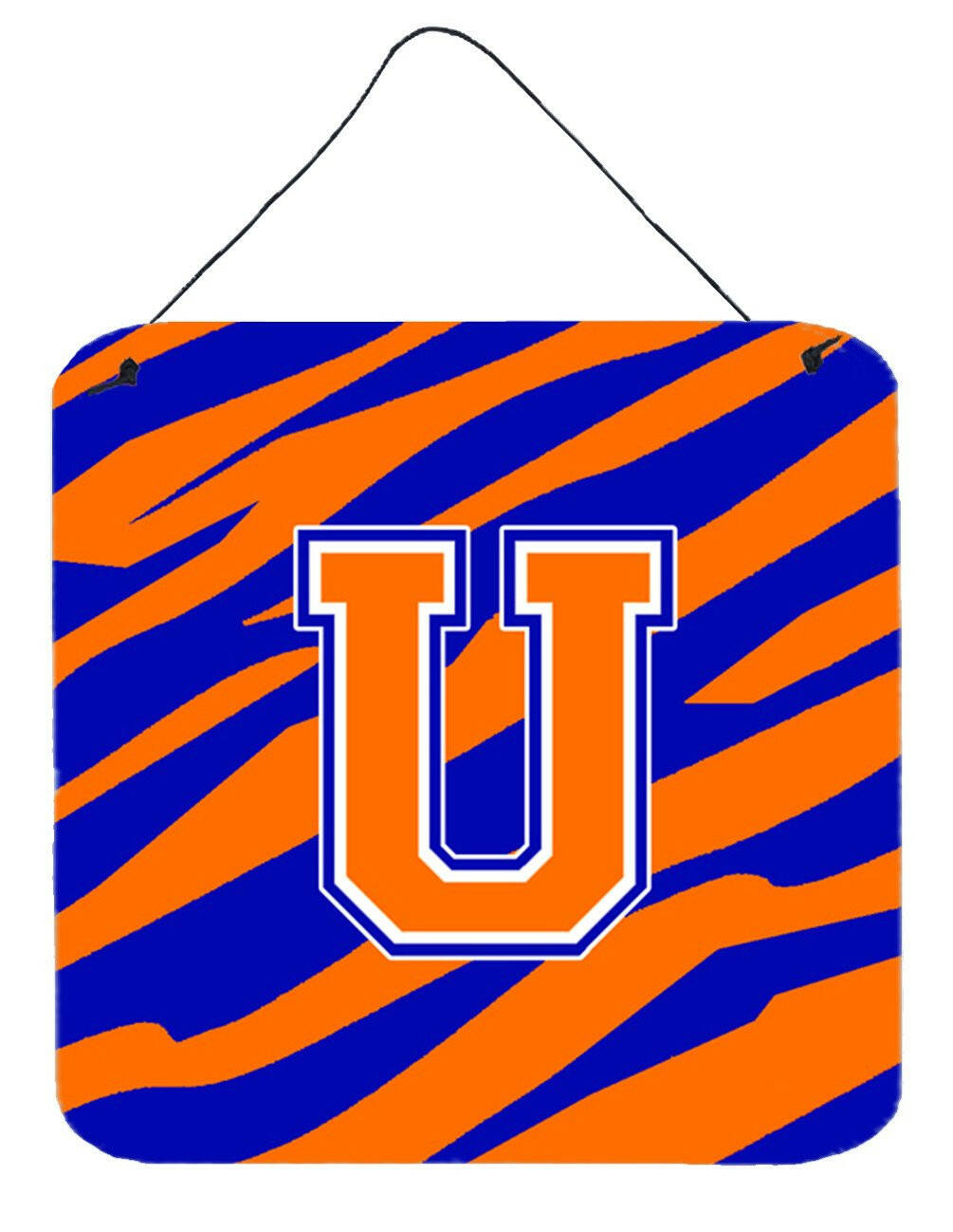 Letter U Initial Tiger Stripe - Blue Orange  Wall or Door Hanging Prints by Caroline's Treasures