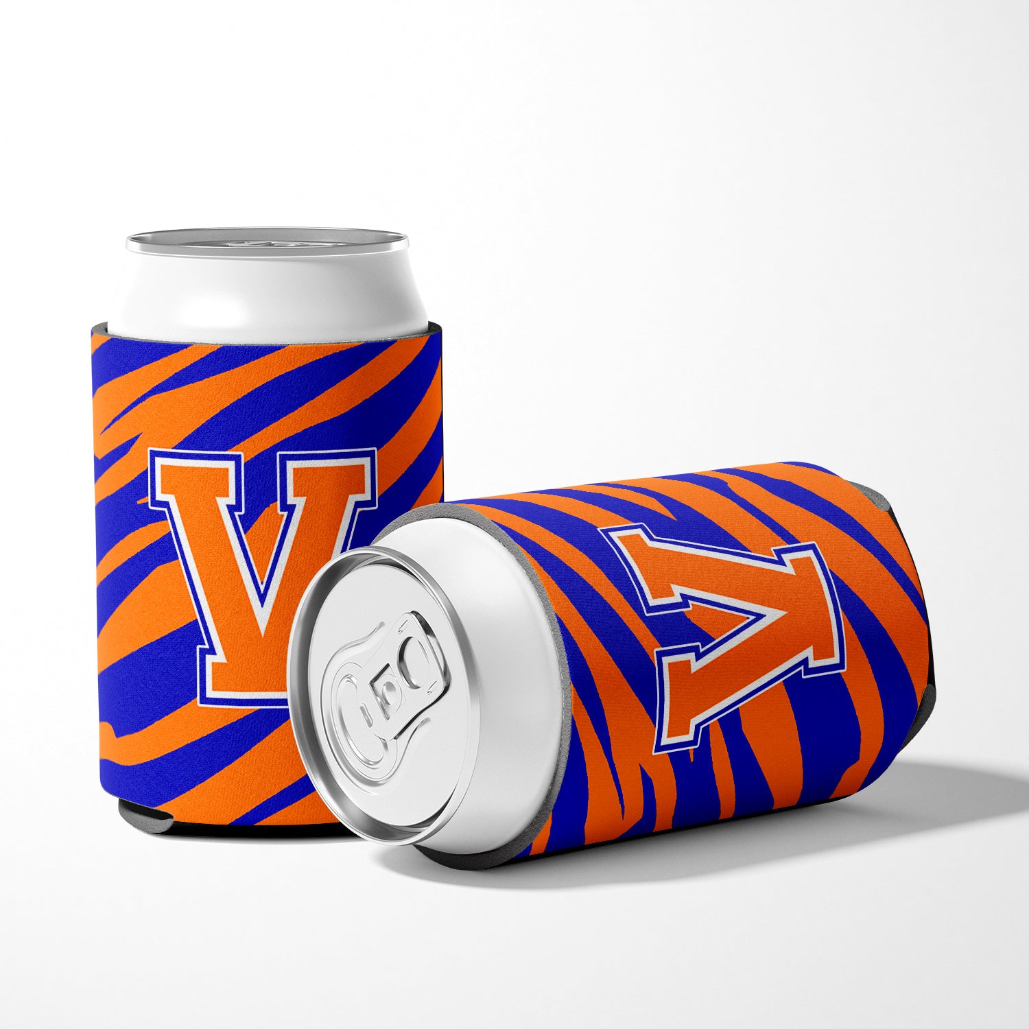 Letter V Initial Monogram Tiger Stripe Blue Orange Can or Bottle Beverage Insulator Hugger.