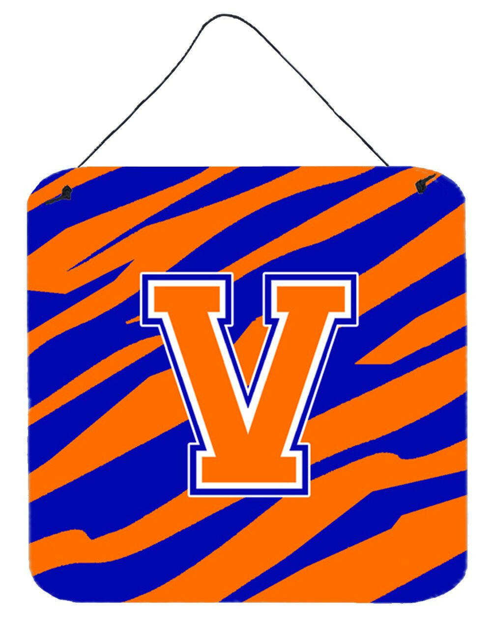 Letter V Initial Tiger Stripe - Blue Orange  Wall or Door Hanging Prints by Caroline&#39;s Treasures