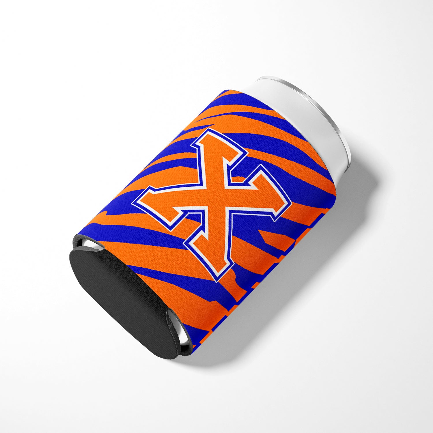 Letter X Initial Monogram Tiger Stripe Blue Orange Can or Bottle Beverage Insulator Hugger.