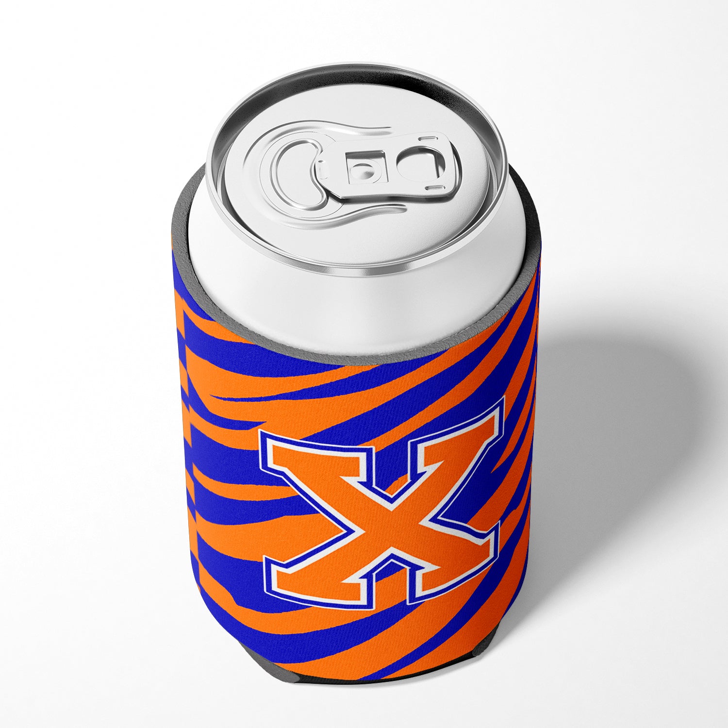 Letter X Initial Monogram Tiger Stripe Blue Orange Can or Bottle Beverage Insulator Hugger.