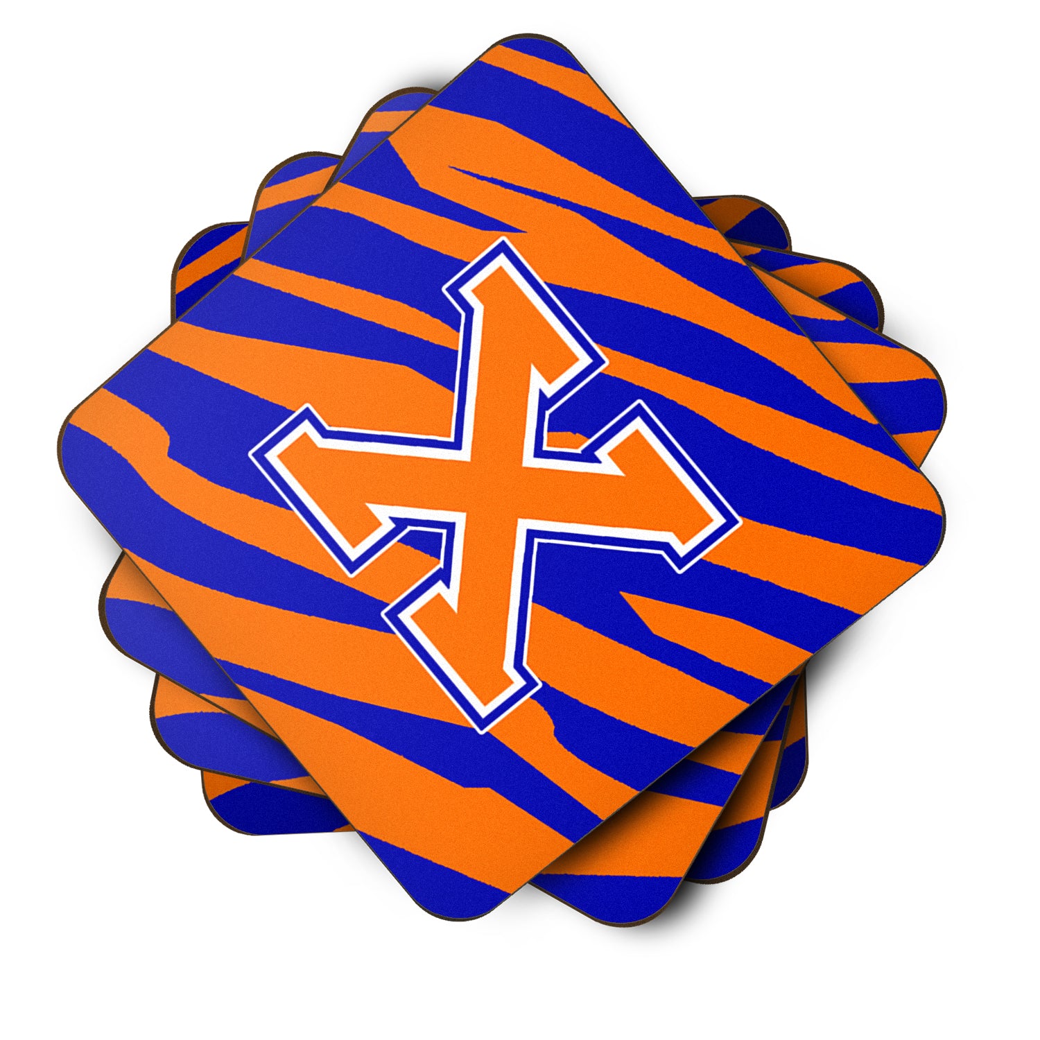 Set of 4 Monogram - Tiger Stripe - Blue Orange Foam Coasters Initial Letter X - the-store.com