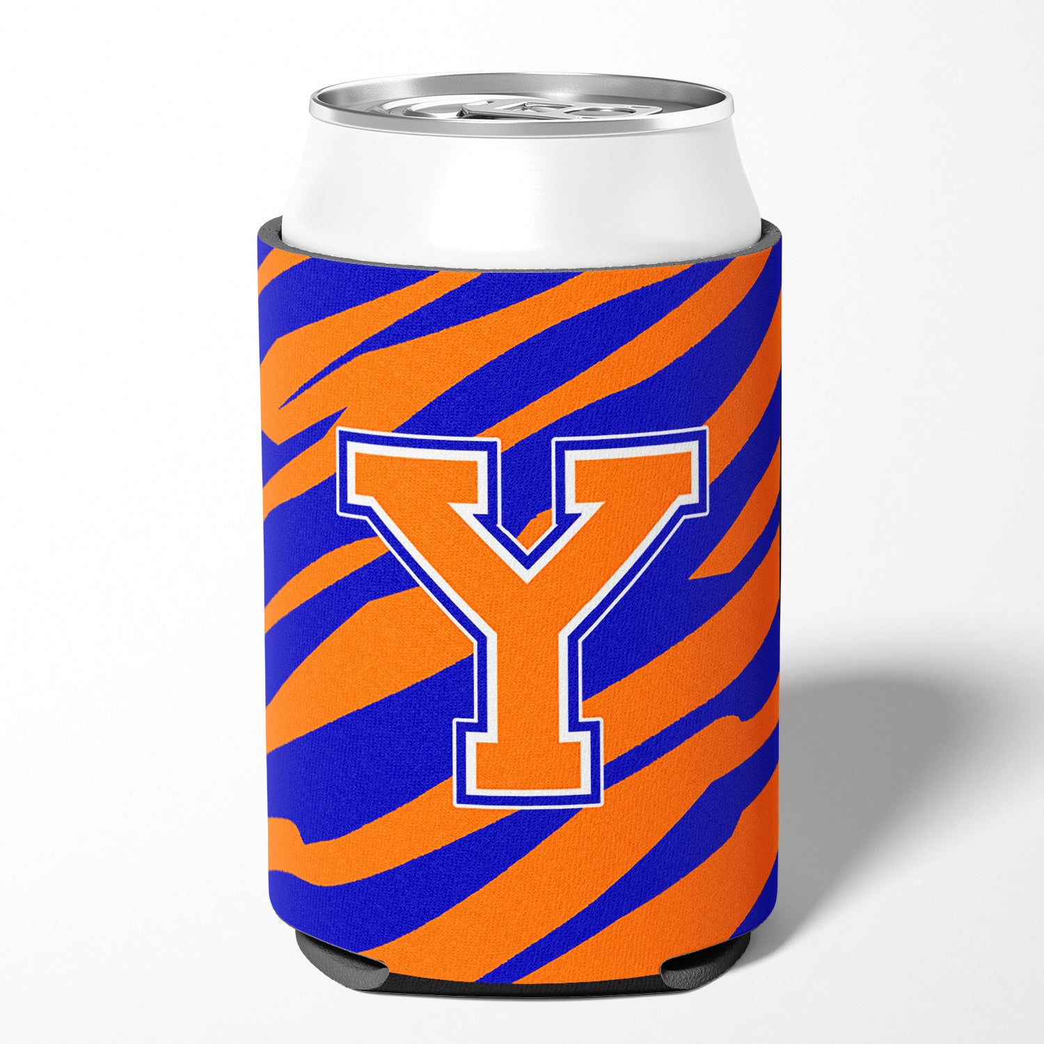 Letter Y Initial Monogram Tiger Stripe Blue Orange Can or Bottle Beverage Insulator Hugger.