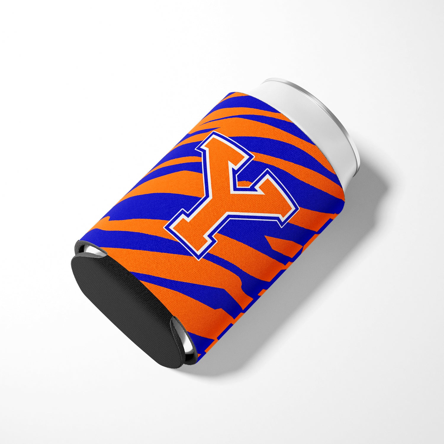 Letter Y Initial Monogram Tiger Stripe Blue Orange Can or Bottle Beverage Insulator Hugger.