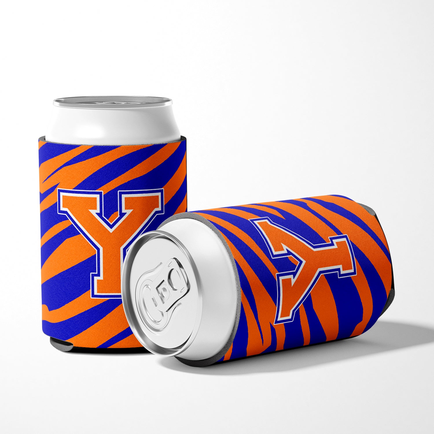 Letter Y Initial Monogram Tiger Stripe Blue Orange Can or Bottle Beverage Insulator Hugger.