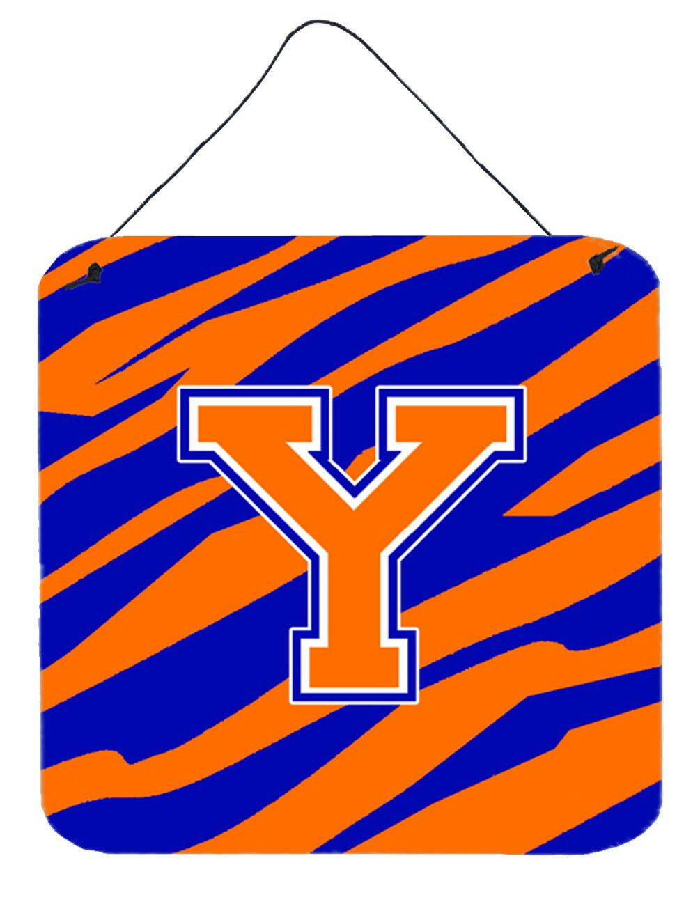 Letter Y Initial Tiger Stripe - Blue Orange  Wall or Door Hanging Prints by Caroline's Treasures